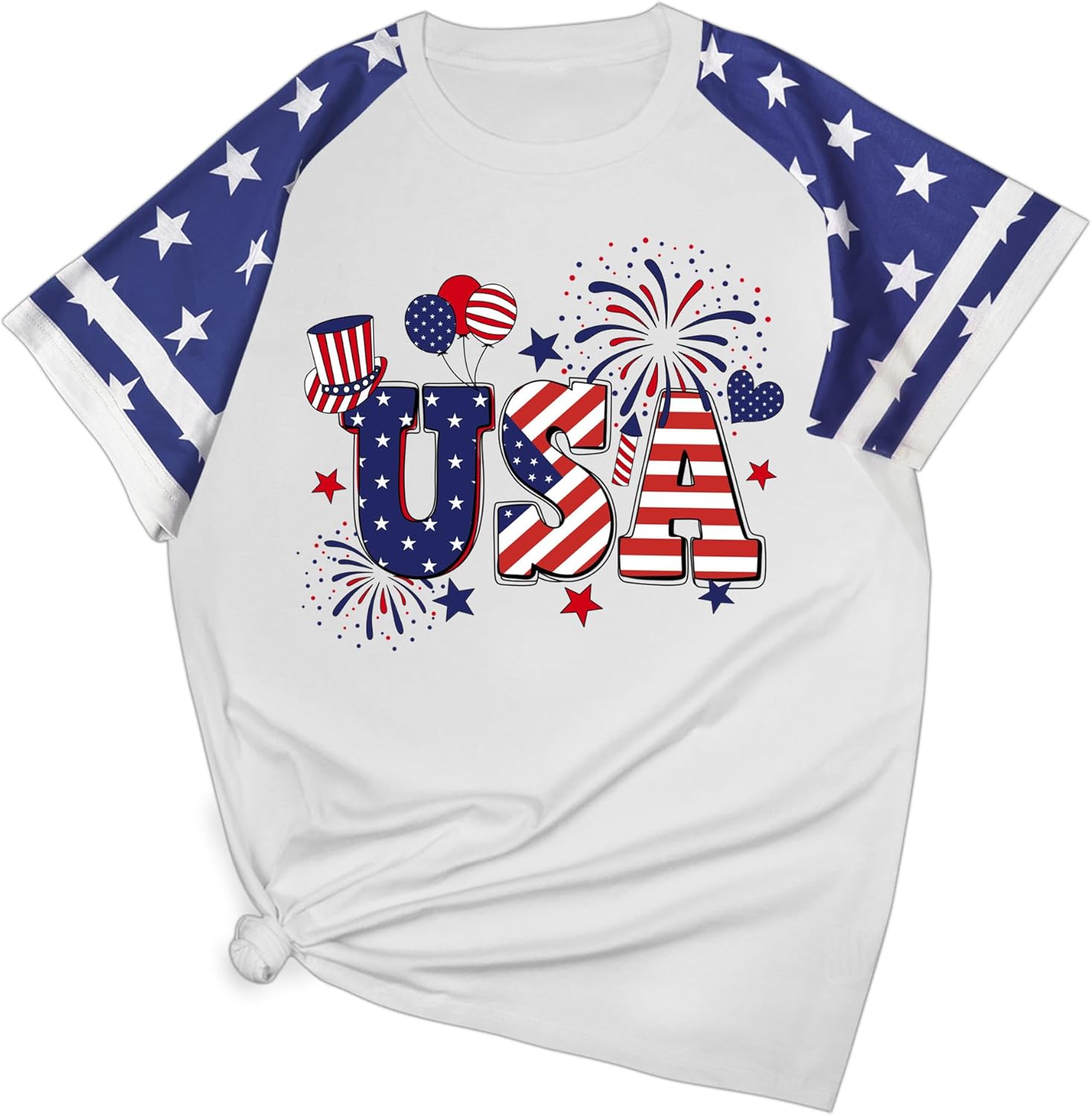 4th of July Shirts Women:USA Color-Blocking Short-Sleeve American Flag Crew Neck Graphic Tee Patriotism T-Shirt - Image 2