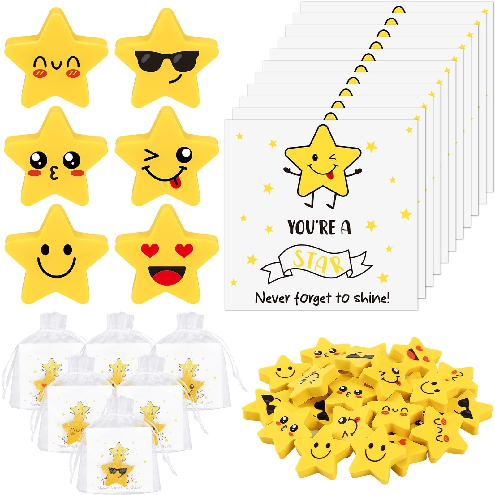 JUNEBRUSHS 30 Set End of Year Term Gifts for Students, Star Shaped Erasers Rubber Bulk with Motivational Cards School Leavers Gifts for Students from Teachers