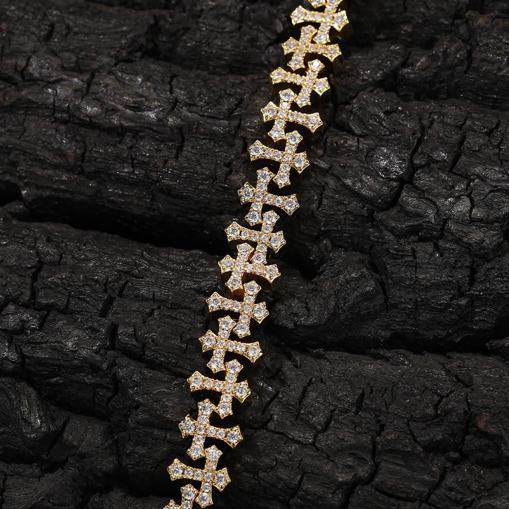 18K Gold Plated Cross Bracelets for Women, 11.5mm Iced Out 5A Sparking Cubic Zirconia Cross Bracelet Anklets Hip Hop Rapper Jewelry Gift for Men Women