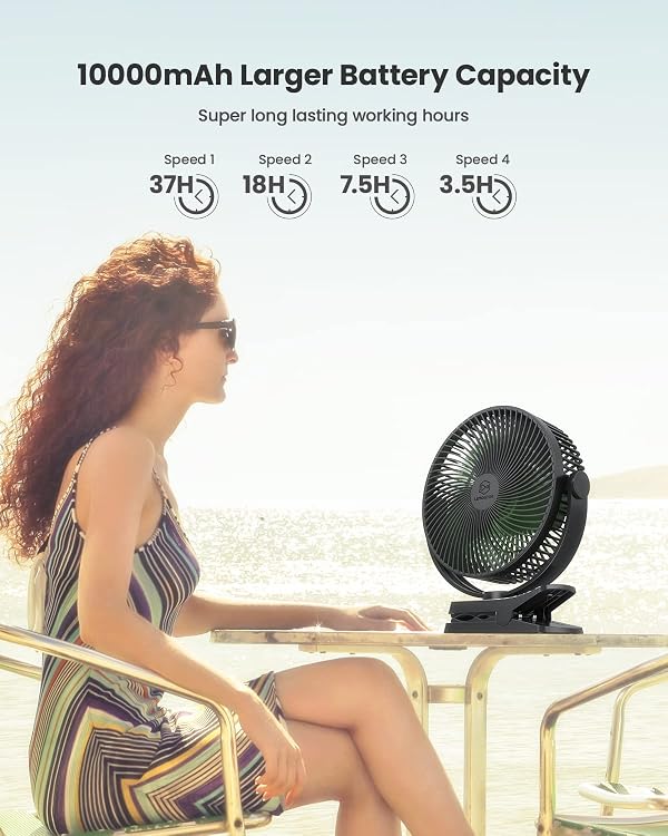LEMOISTAR Portable 10000mAh Battery Operated Clip on Desk Fan, 4 Speeds, 8 Inch, Max 38H, Rechargeable Personal Fan for Stroller Golf Cart Camping Bedroom Office by LEMOISTAR - Image 2
