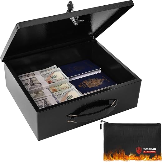 Polspag Fireproof Document Box with Key Lock &amp; Fireproof Money Bag,Safe Storage Box for Valuables,Fire Resistance Security...