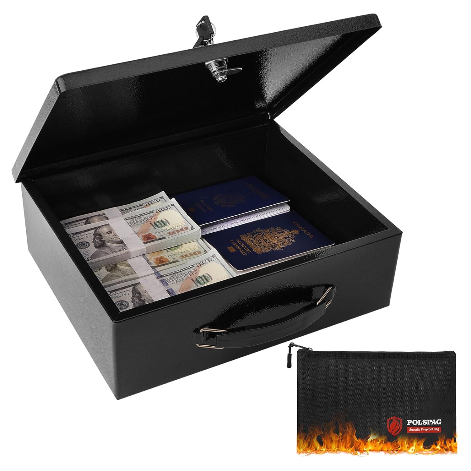 Polspag Fireproof Document Box with Key Lock & Fireproof Money Bag,Safe Storage Box for Valuables,Fire Resistance Security...