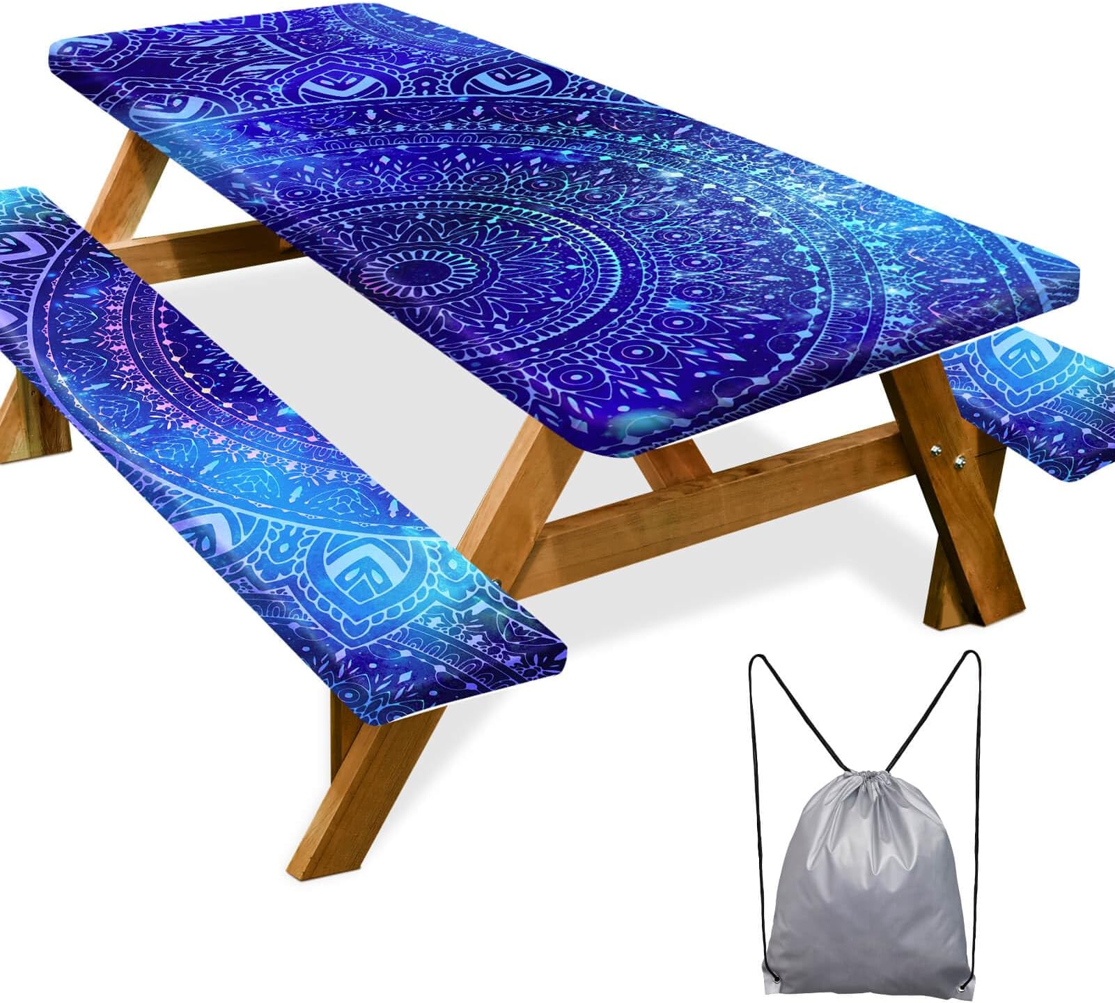Picnic Table Cover with Bench Covers Camping Essentials Waterproof Windproof Camping Tablecloth with Drawstring Bag, Fitted Rectangle Tables and Seats, 72in, Blue Purple