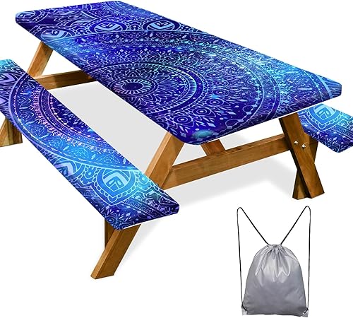 Play Tailor - Mantel para mesa de pícnic con cubiertas para bancas, impermeable y a prueba de viento con bolsa de cordón, ajustable a mesas y bancas