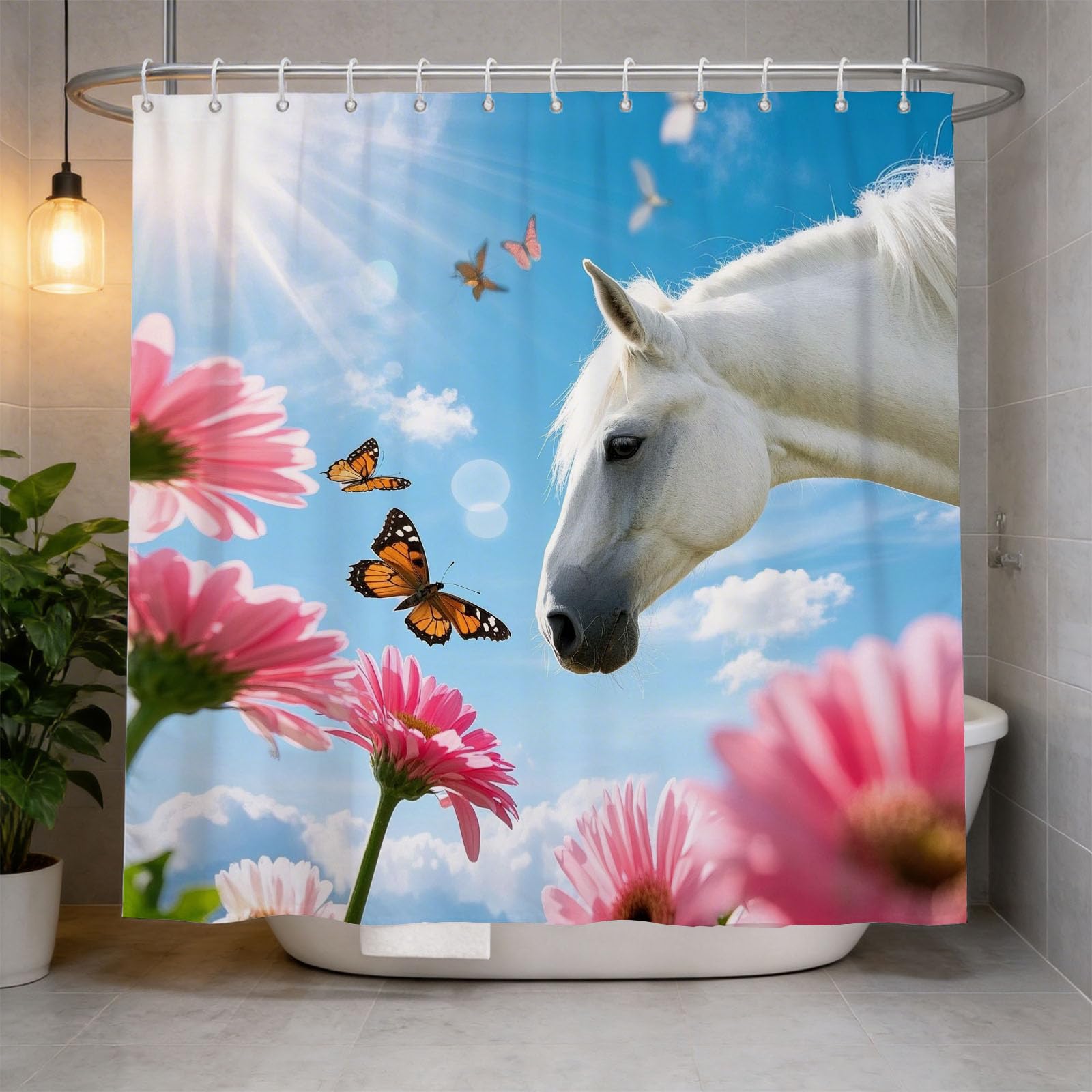 Hongduo 3D Snowy Horse Flower Shower Curtain for Stalls Bathtubs Butterflies Bathroom Decor Shower Curtain Set Polyester Fabric Waterproof 200x200cm/79X79 Inch with Hooks