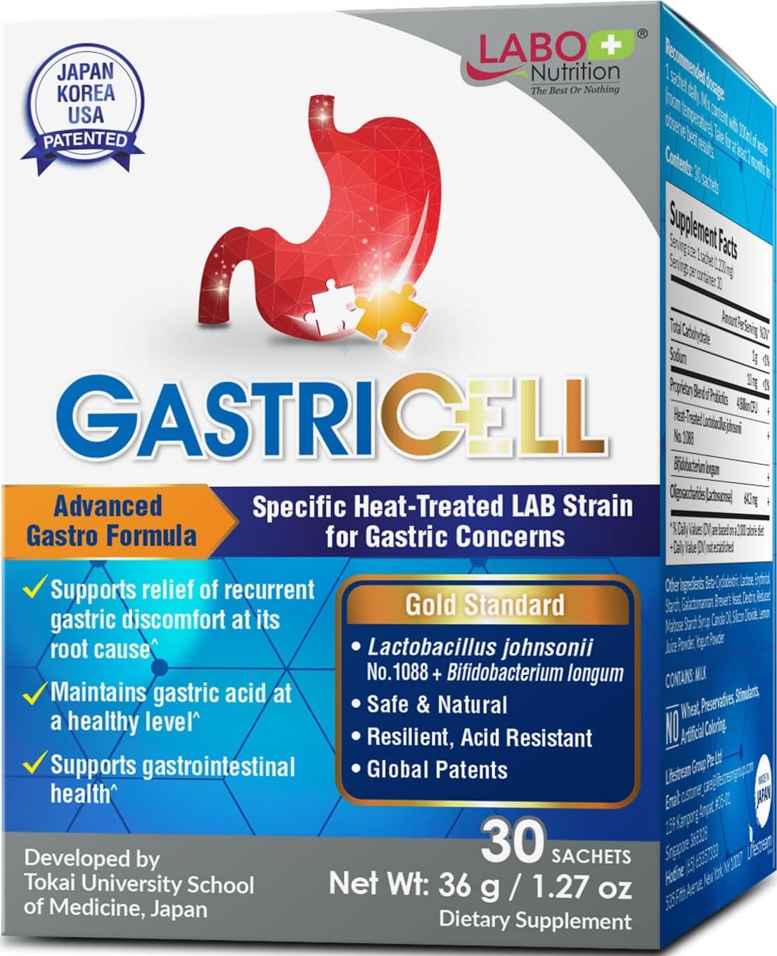 LABO Nutrition GASTRICELL - Säure Reflux, Sodbrennen, Wiederkehrende Magenstörung, Natürliche Verteidigung gegen Magenschmerzen 30 Beutel