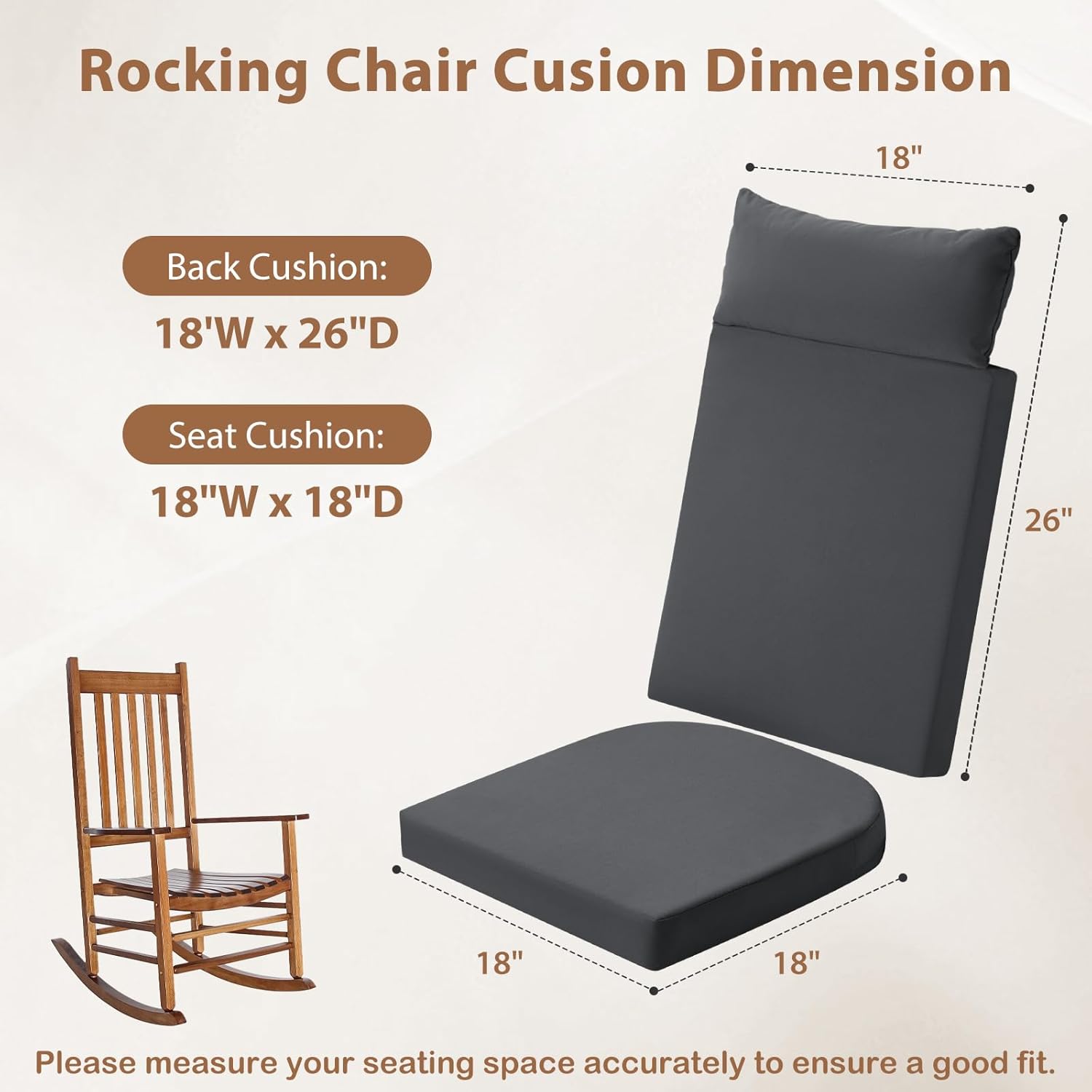 Waterproof Rocking Chair Cushions Outdoor & Indoor, Wooden Rocking Chair Pads set of 2, Non-Slip Large Glider Rocker Replacement Cushions with Pillow & Ties,Seat & Back Cushion for Rocker Grey