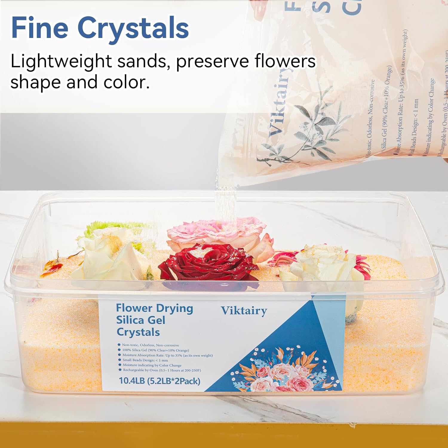 10.4 lbs silica gel flower drying crystals, reusable color indicating flower drying silica with airtight container and brush, diy wedding bouquet flower preservation kit, fine bead size<1mm 10.4lb&container