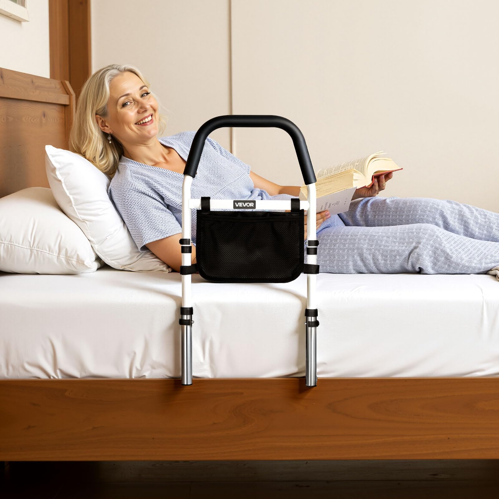 VEVOR Sponda per Letto per Anziani e Pazienti, Sponda di Supporto per il Letto con Corrimano, Bastone da Comodino in Tubo di Acciaio al Carbonio, Regolabile in Altezza, per Vari Letti