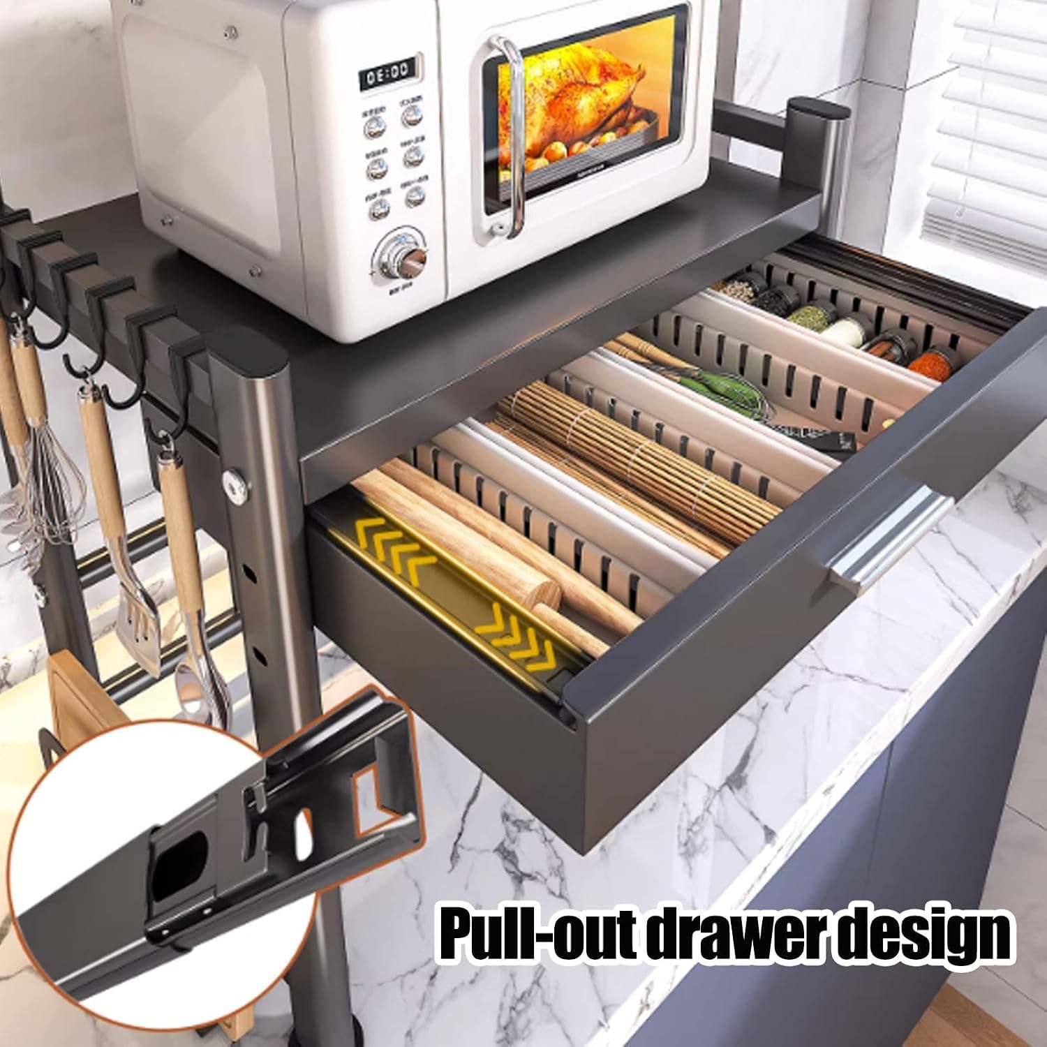 Supporto Per Microonde Con Cassetto, Ripiano Da Cucina Regolabile In Altezza, Organizer Da Piano Di Lavoro Per Utensili E Stoviglie, Ideale Per Piccoli Spazi. Grey