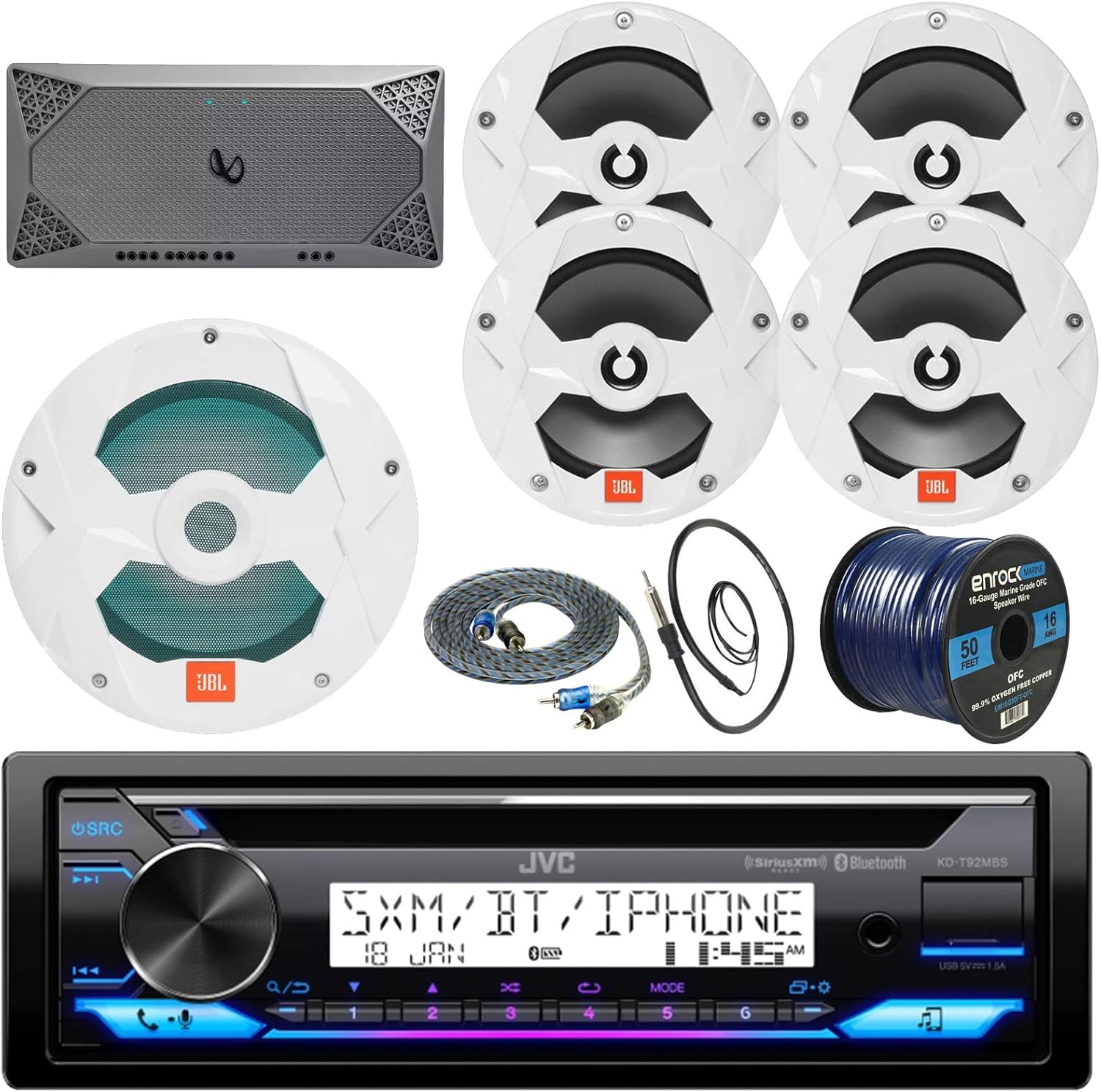 Boat Sound System Package: Single DIN Marine Bluetooth CD Receiver Bundle Combo with Weather-Resistant 5-Ch Amp + 4X 6.5 Inch Marine Speakers + 10″ 750W LED Subwoofer + RCA Cable + Wire, Antenna