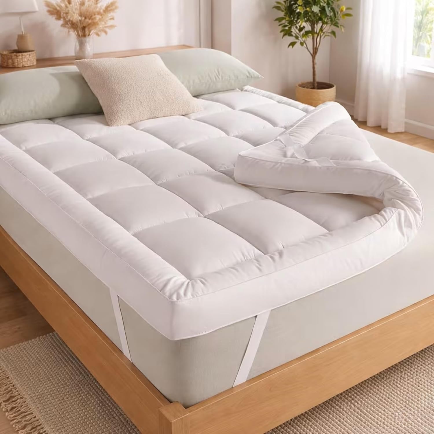 Mattress Topper King Size Bed 10cm Extra Thick Bounce Back with Elasticated Strong Corner Straps - Super Soft and Breathable, Hypoallergenic Comfy Night Bed Mattresses Toppers (King)