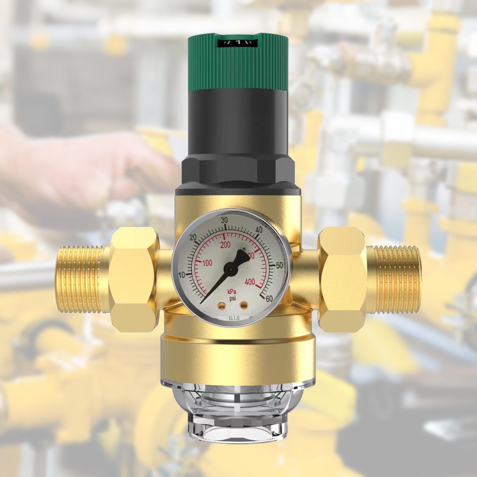 Regulador de Presión de Agua Válvula con Indicador Ajustable Latón Anticorrosión con Filtro Evita Ruidos Ahorra Factura Protege Electrodomésticos, DN20