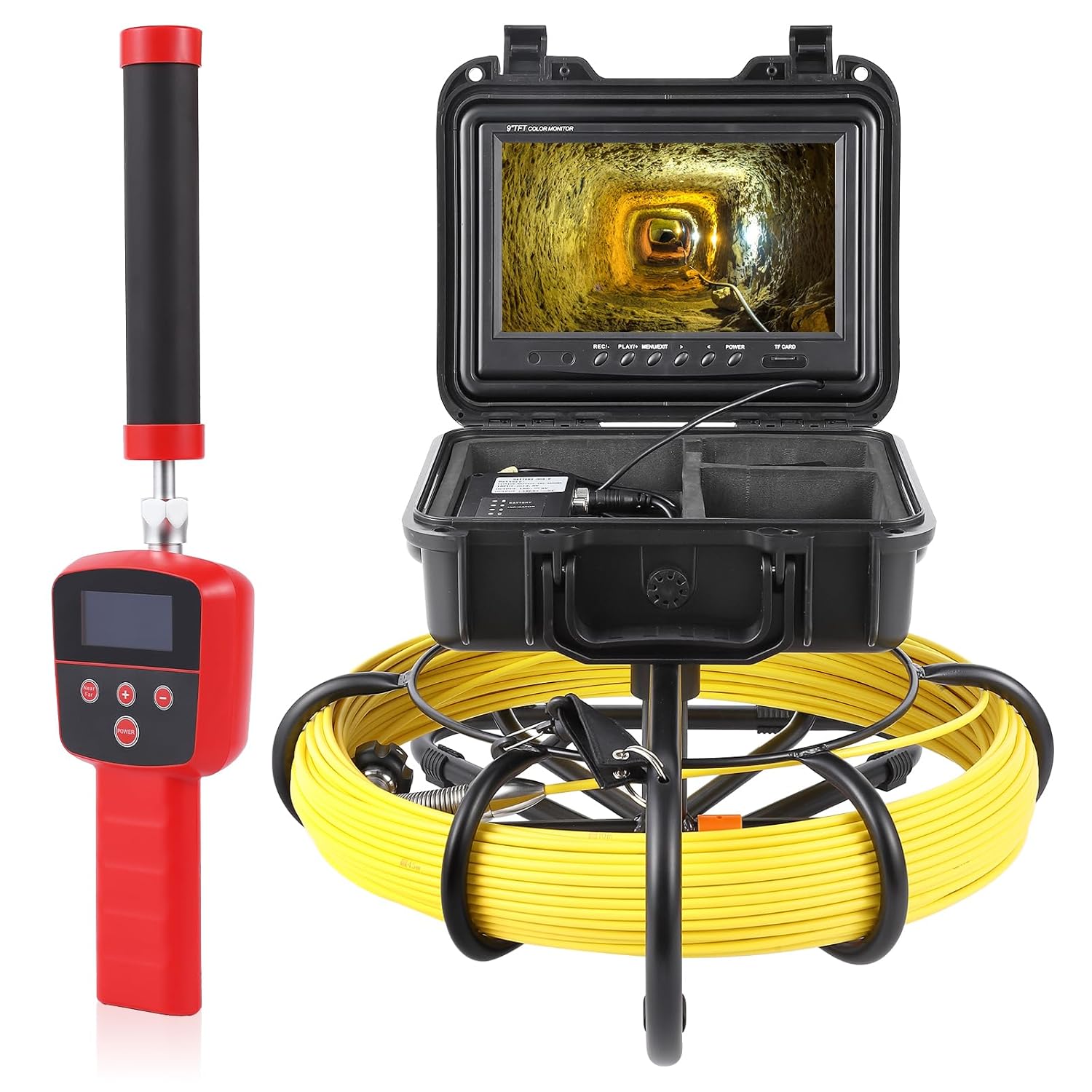 Sewer Camera with 512Hz Locator, 165FT/50M Pipe Inspection Camera with 9" Monitor, DVR Recording, IP68 Waterproof, Adjustable LED Lights, 16GB SD Card