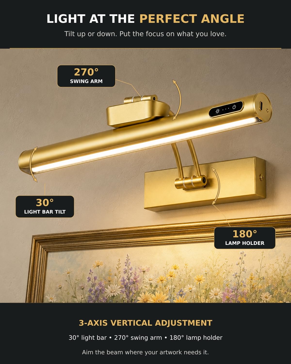 Lampe magnétique sans fil rechargeable à piles avec télécommande/commande tactile/minuteur, angle réglable de 40,6 cm, 3 couleurs à intensité variable, lumière d'art pour affichage, mur, galerie, doré