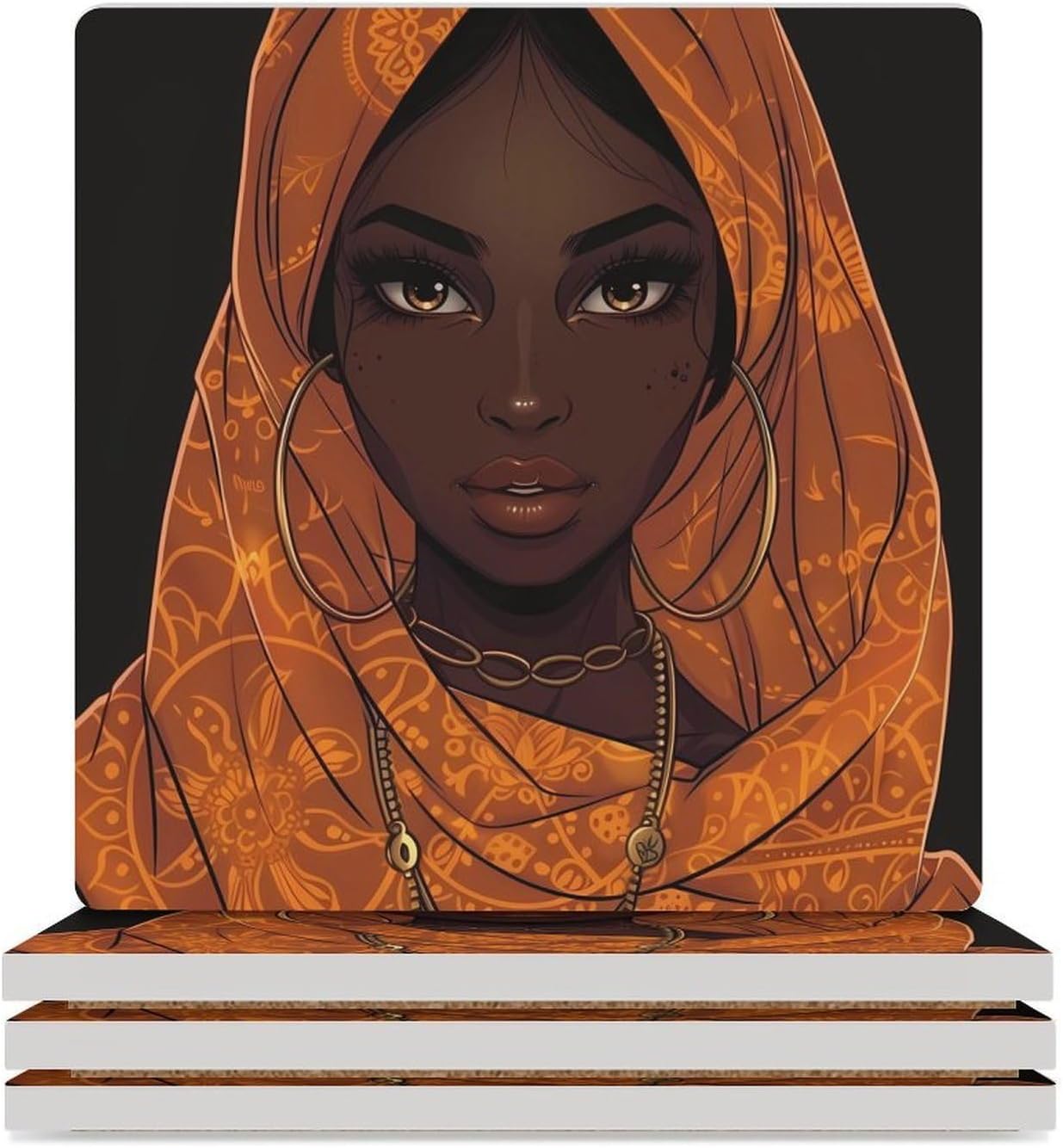 African A-mericans Pretty Women Coaster for Drinks Square Ceramic Table Coasters Stone Mat Crafts 4PCS Home Kitchen Decor