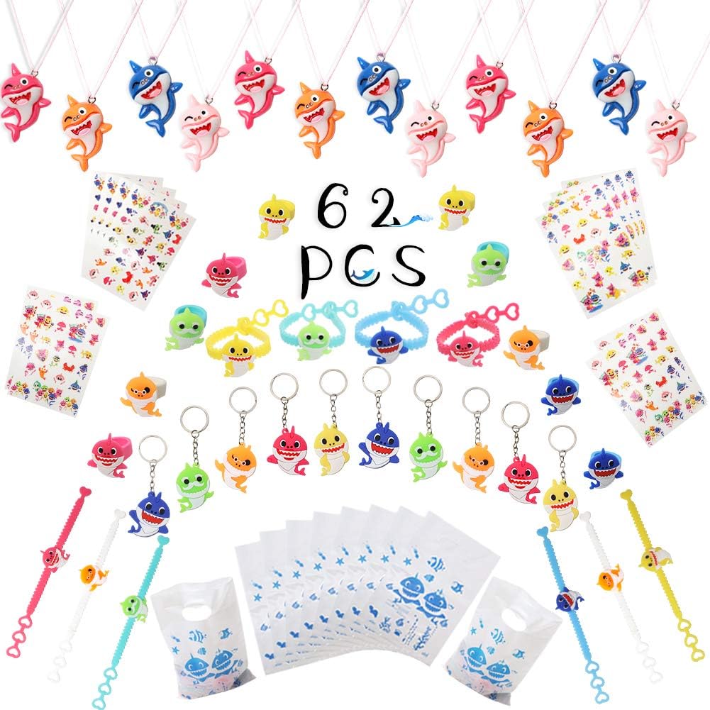 62 Pcs Shark Party Favors Birthday Set- Shark Bracelets Keychains Necklaces Rings Stickers Gift Bags Shark Party Supplies Under the Sea Goodies Bag Fillers Prizes Box Toy for Boys Girls