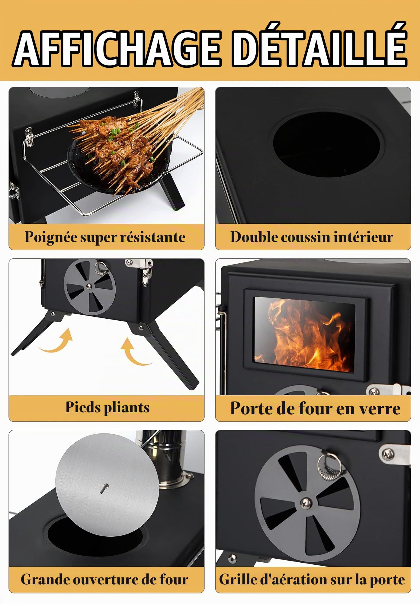 LAMA Poele a Bois Réchaud de camping, Mini Poele a Bois Poêle de camping Réchaud de Tente Portable, Poele de camping, poêle à bois tuyaux de cheminée réchaud portable d'extérieur (Noir)