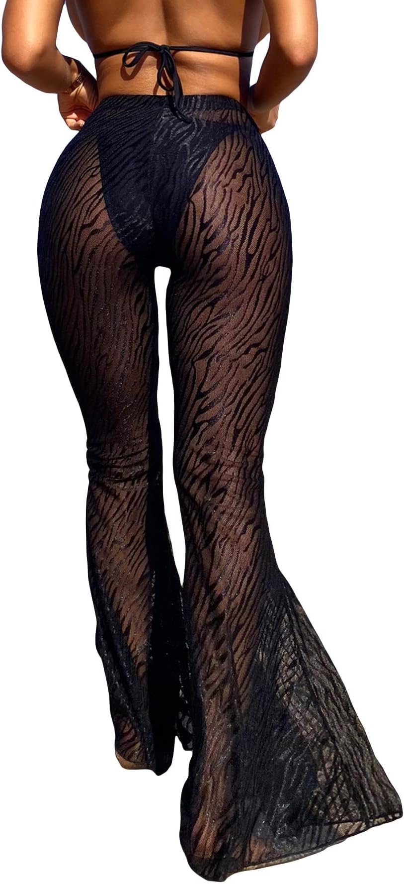 SOLY HUXWomen's High Waist Sheer Mesh Swimsuit Cover up Pants See Through Wide Leg Bikini Beach Pants Swimwear