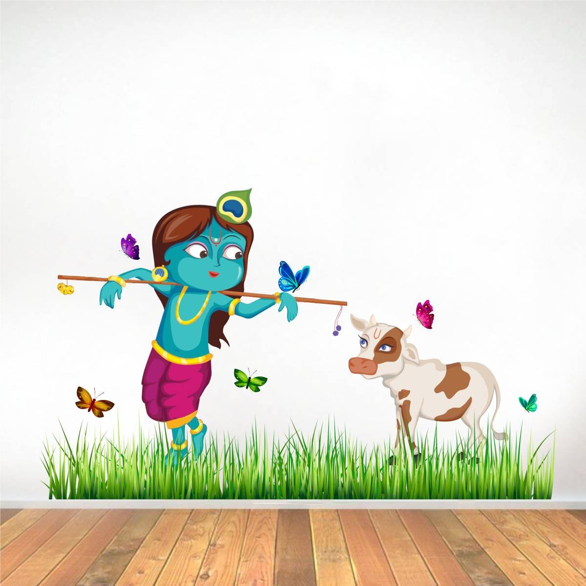 Rawpockets Decals ' Lord Krishna Cow Grass Butterfly Story ' Extra Large Size (Wall Coverage Area - Height 60 cms X Width 100 cms)(Pack of 1) Wall Sticker