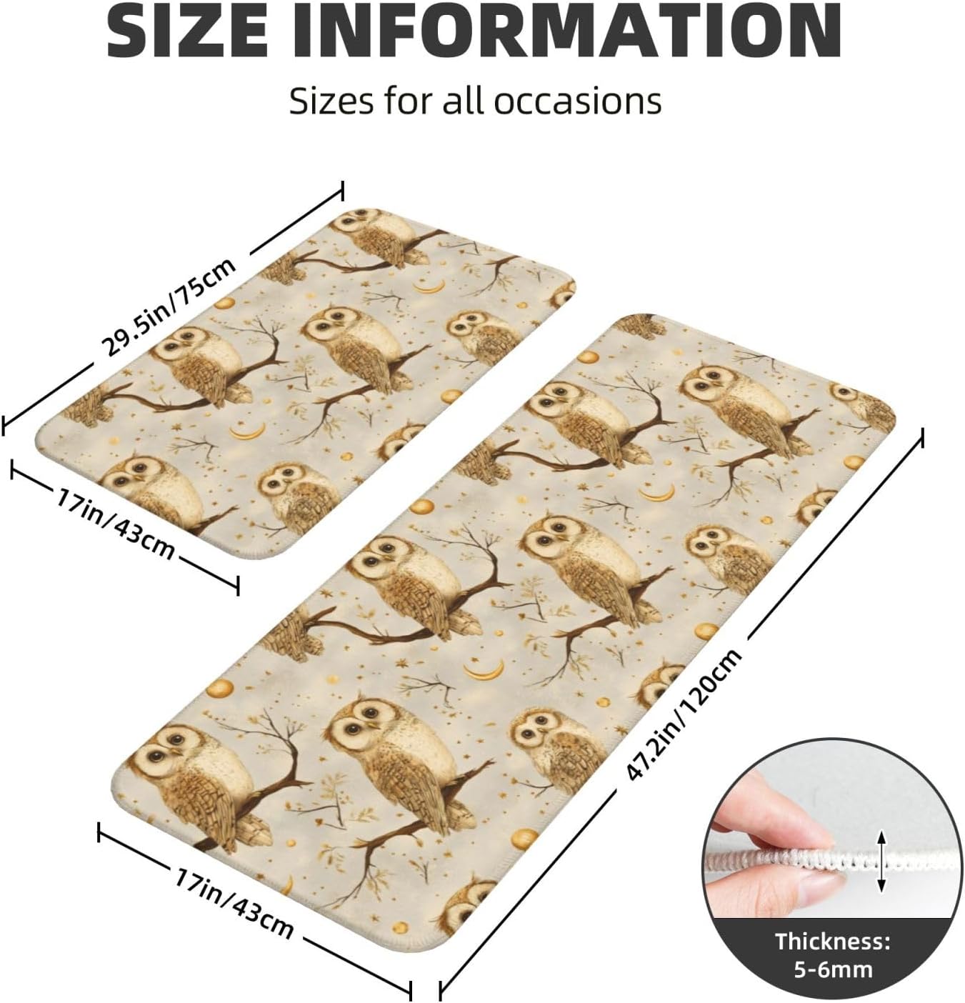 Moon Owl Print Kitchen Rugs Sets of 2 Non Slip Washable, Anti Fatigue Kitchen Mats for Floor, Home Decor