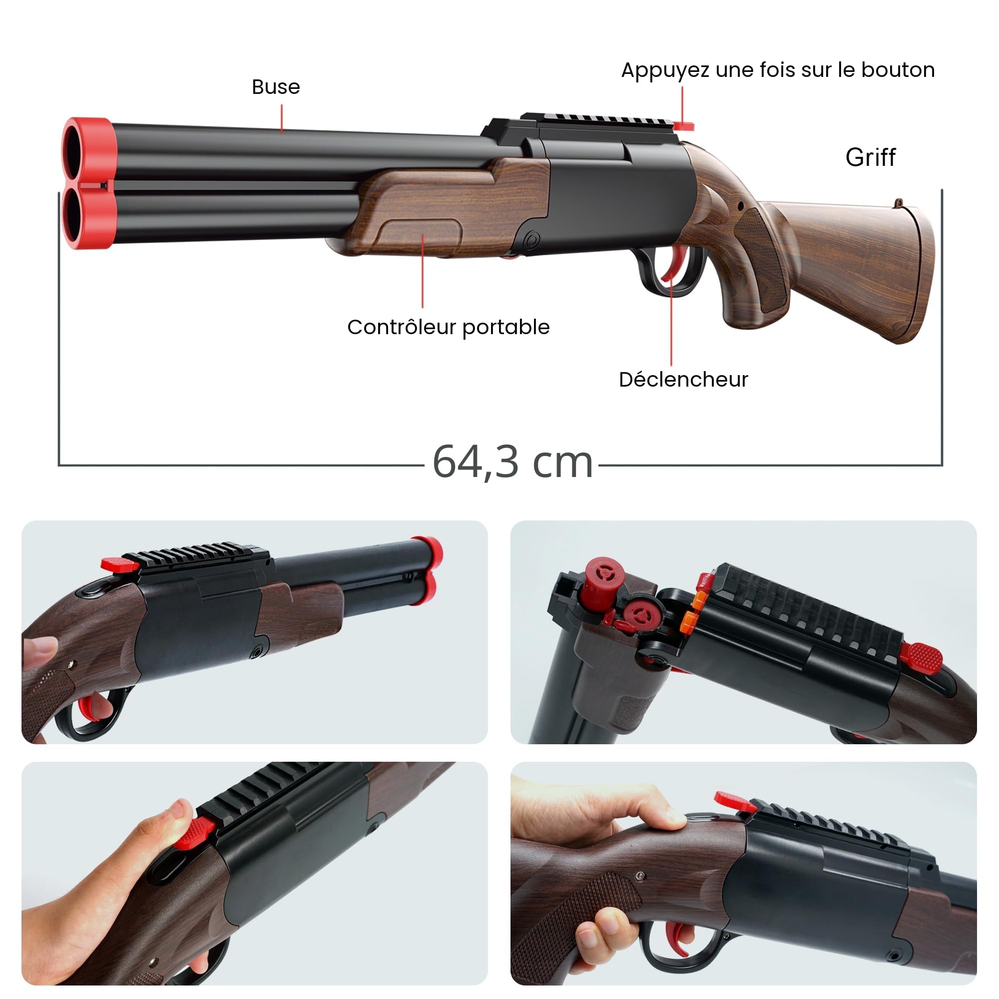 Jouet Fusil de Chasse à Double Canon, Blaster en Mousse EVA et 80 Balles Souples et 12 Cartouches éjectables, Cadeau d'anniversaire de Noël de Jouet de Fléchettes pour Garçon de Plus de 8+ Ans（Brun）