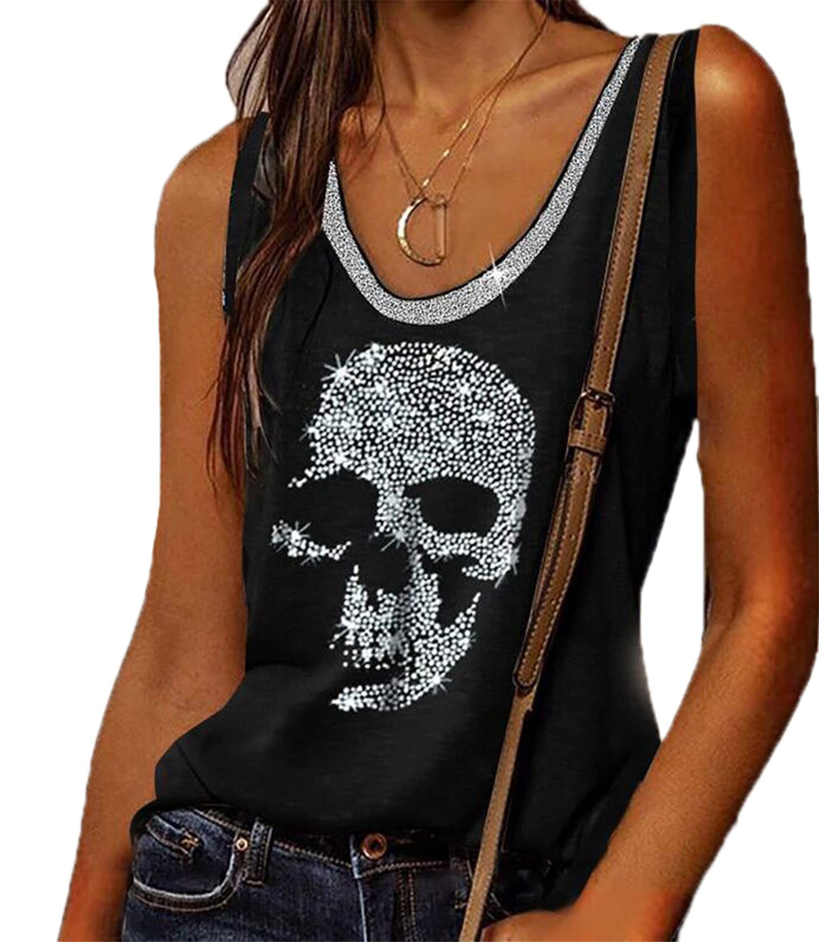 Oneforus Women's Black Skull Diamante Rhinestones Design Tank Top Punk Rock Fashion Sleeveless T-Shirts