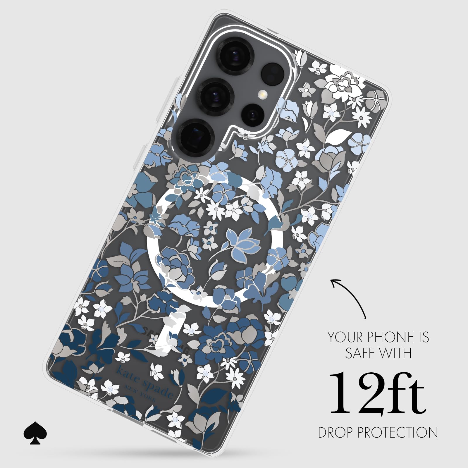 kate spade new york Etui na telefon Samsung Galaxy S25 Ultra - [ładowanie magnetyczne i bezprzewodowe] - designerskie etui na telefon - kwietnik niebieskie kamienie