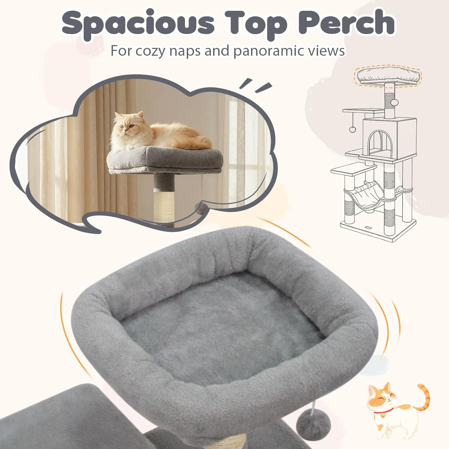 Tangkula Cat Tree Tower, 44 Inch Multi-Level Cat Tower with Sisal Scratching Posts, 2-Door Condo, Padded Top Perch & Hammock, 2 Hanging Balls, Jumping Platforms for Indoor Cats (Light Gray)