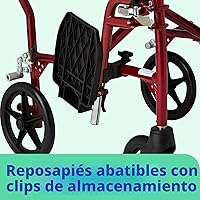 Vista 5 de Medline Silla de transporte ultra ligera para adultos, plegable, ancho de asiento de 19 pulgadas, estructura roja, tapicería negra