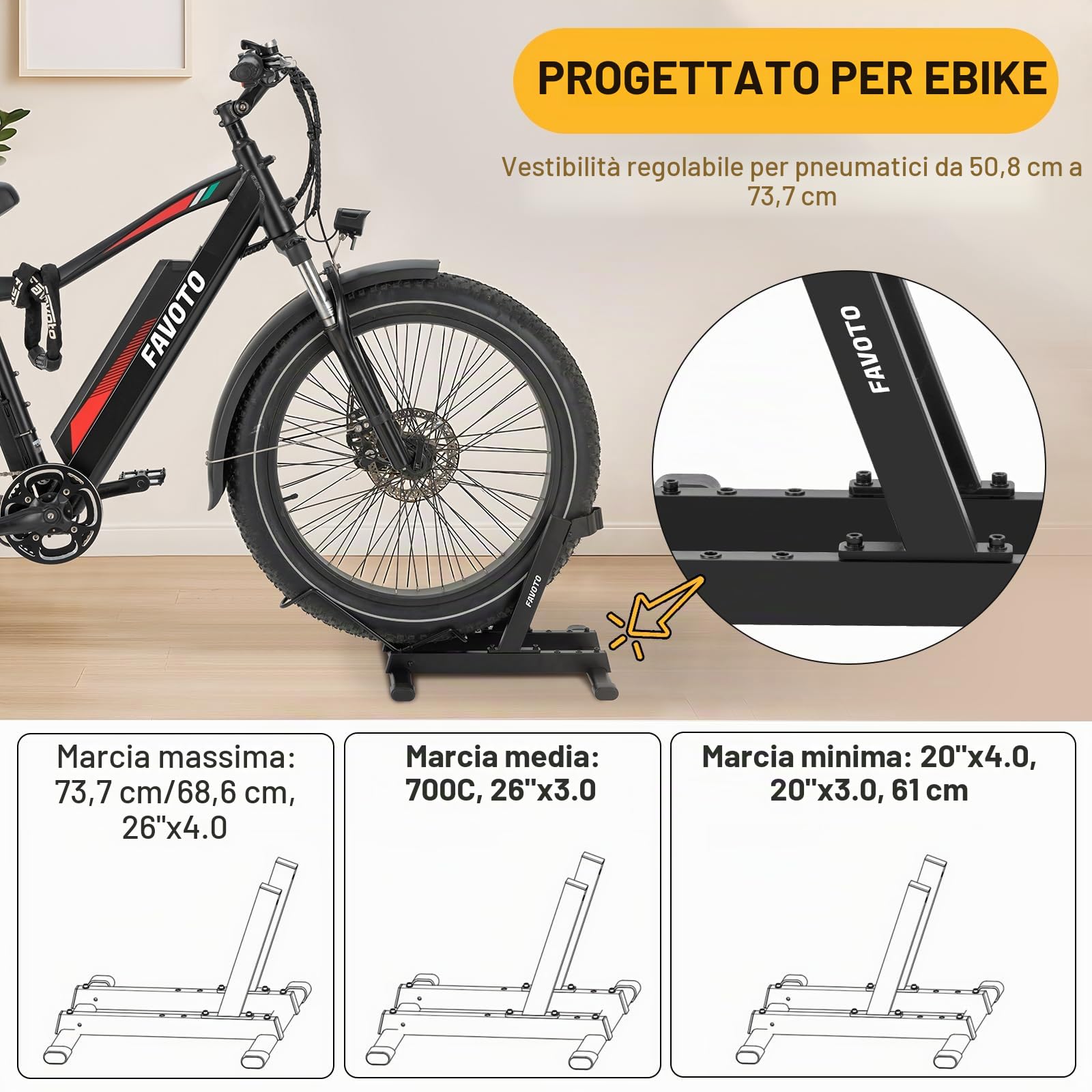 Favoto Cavalletto per E-Bike e Biciclette - Supporto da Pavimento per Bici Elettriche e Tradizionali 20-29 Pollici 38kg Nero