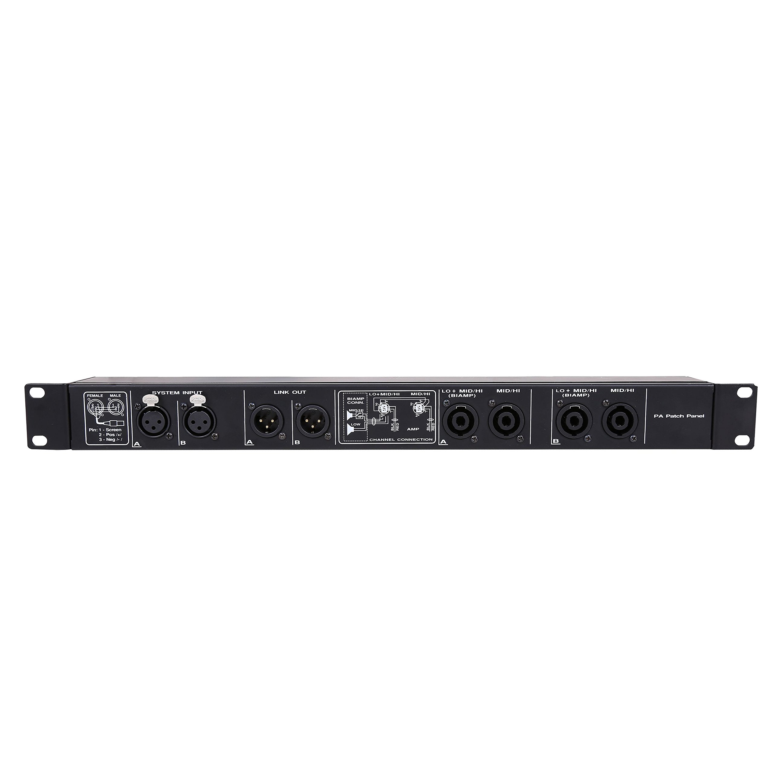 Fame Audio PA Patch Panel, 2-Kanal Endstufe, 1HE Rackblende, XLR In/Out, Speaker Twist Out, 50cm Kabel, für Endstufen und Frequenzweichen