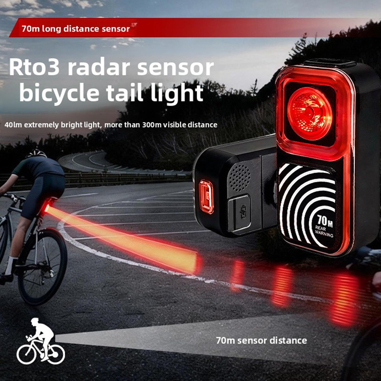VGEBY Fanale Posteriore per Bici con 70 Metri | Costruzione in ABS, Avviso Intelligente a Tre Livelli, Misura Universale per Mountain Bike e Bici da Strada, Batteria Al