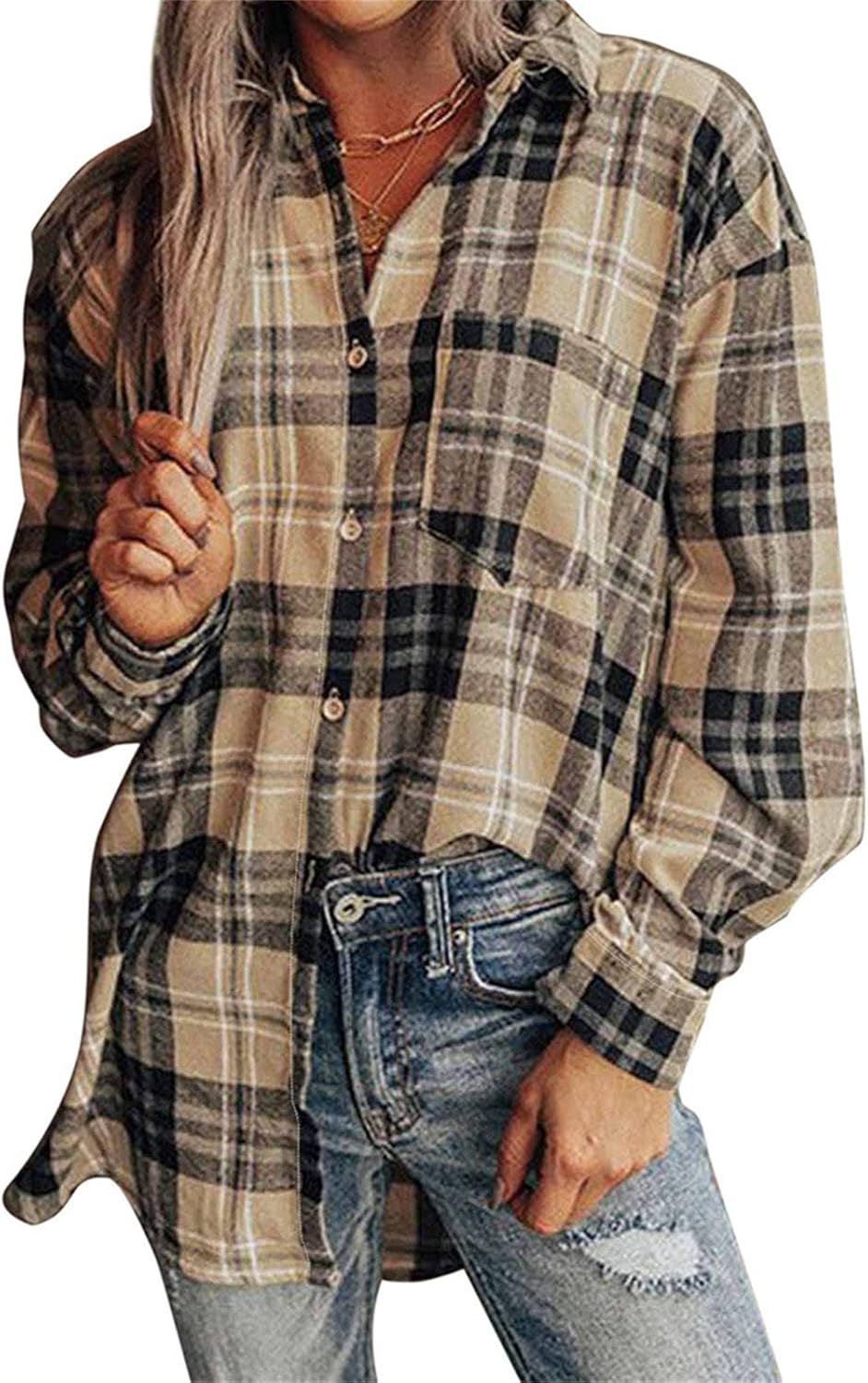 Size M Womens Long Sleeve Button Down Shirt Business Collared Blouse Tops Casual Plaid Flannel Shirt with Pocket