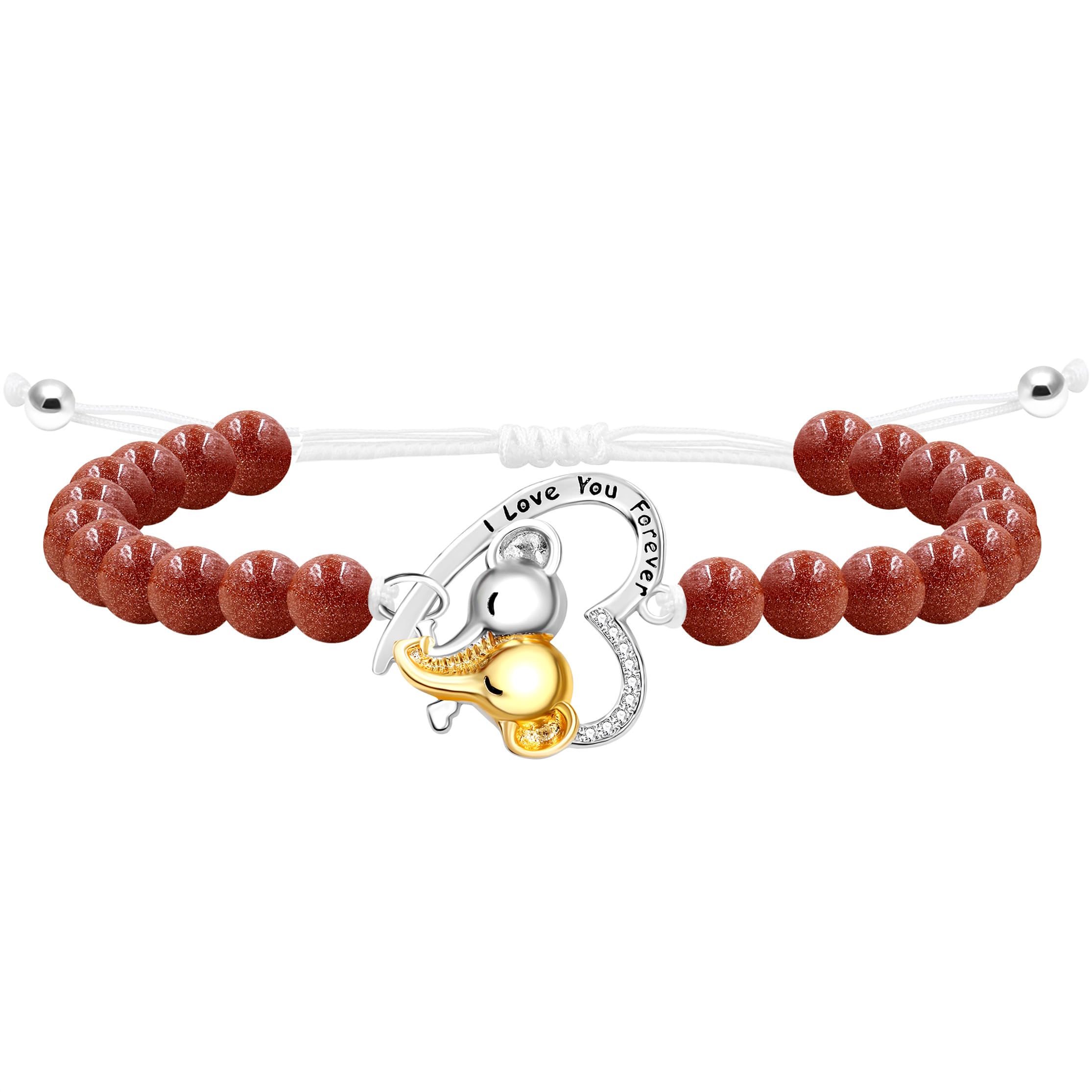Double Elephant Heart Charm Natural Crystal Bracelet, Treatment Stone Bracelet Calm Stretch Bracelet Women's Stress Relief Gift for Moms I Love You Couple Jewelry