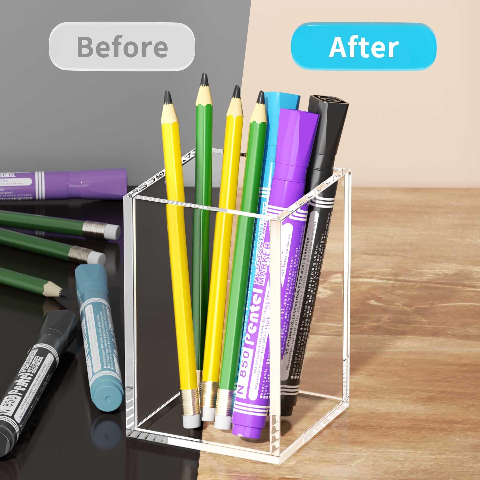 AITEE Acrylic Pen Pencil Holder: 3 Pack Clear Pen Pot Square Makeup Brush Holder Desktop Stationery Organizer for office school home - Image 3