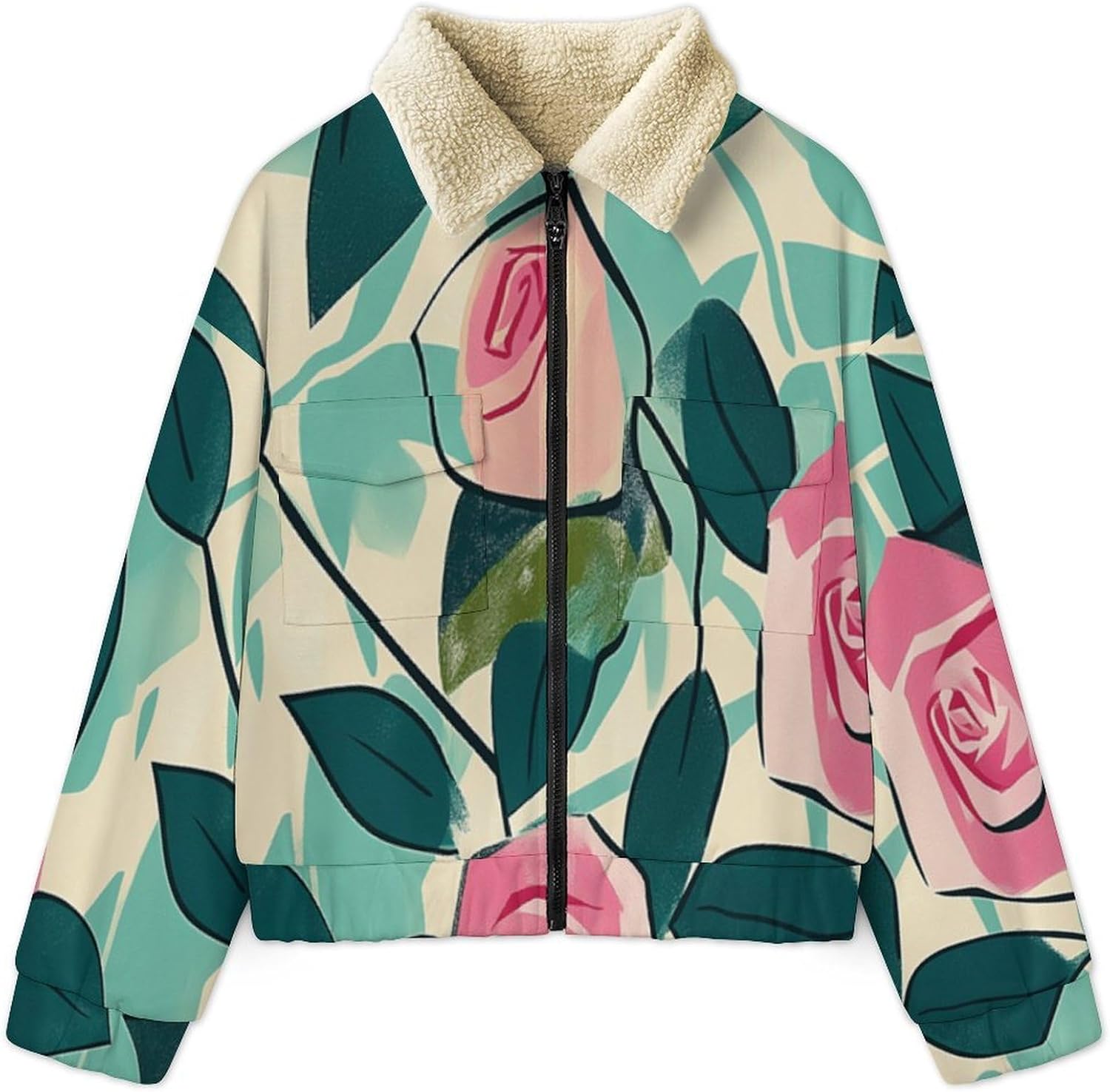 Women Winter Sherpa Lined Fleece Jacket, Long Sleeve Zip Up Rose leaves Cropped Coats Warm Soft Polar Outwear