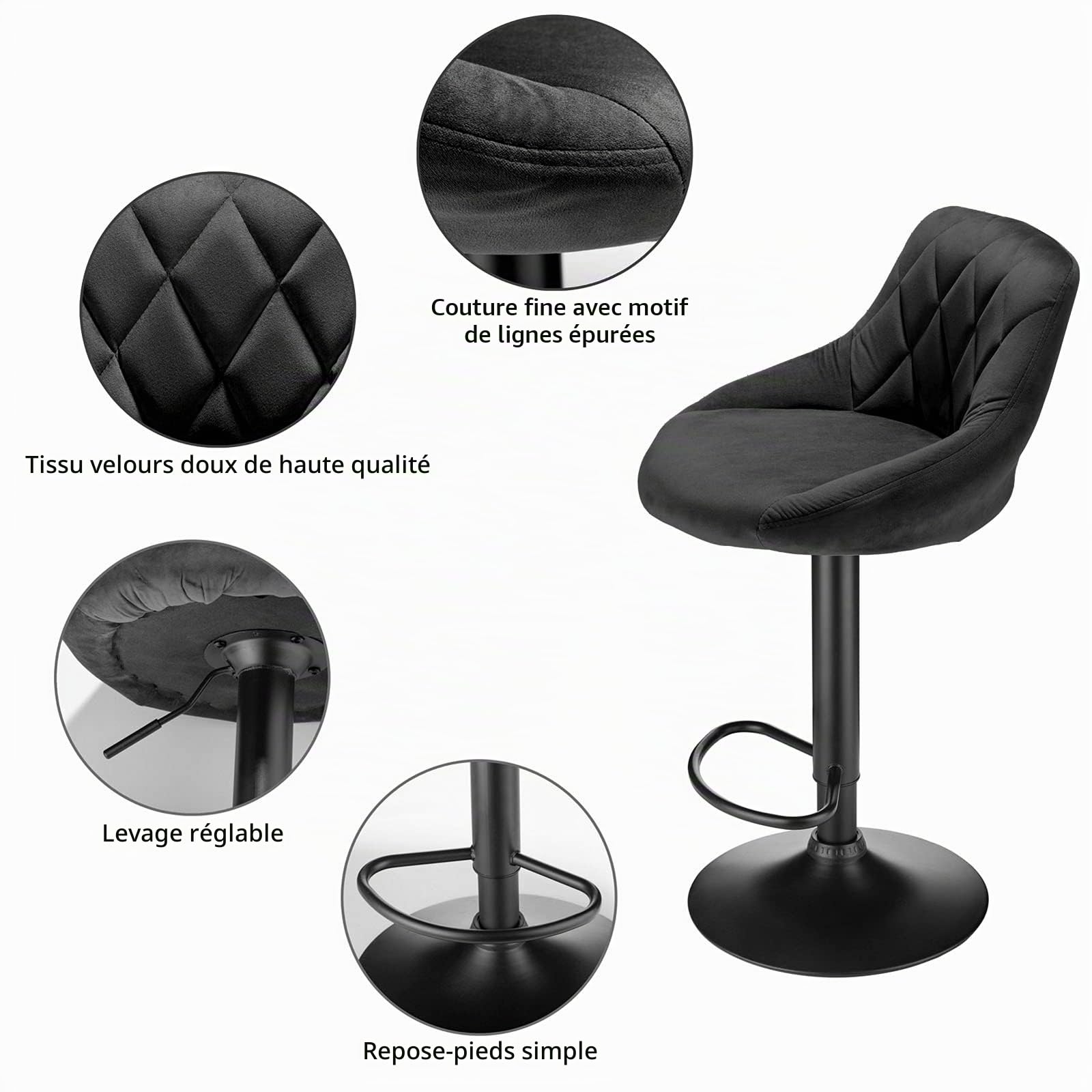 Tabouret de Bar, Chaise de Cuisine ,Lot de 2 en Velours,Tabouret de Loisir,relevable et rotatives réglables en hauteur,pour les établis, bars, restaurants,Chaise de Bar avec Repose-Pieds,Hauteur total