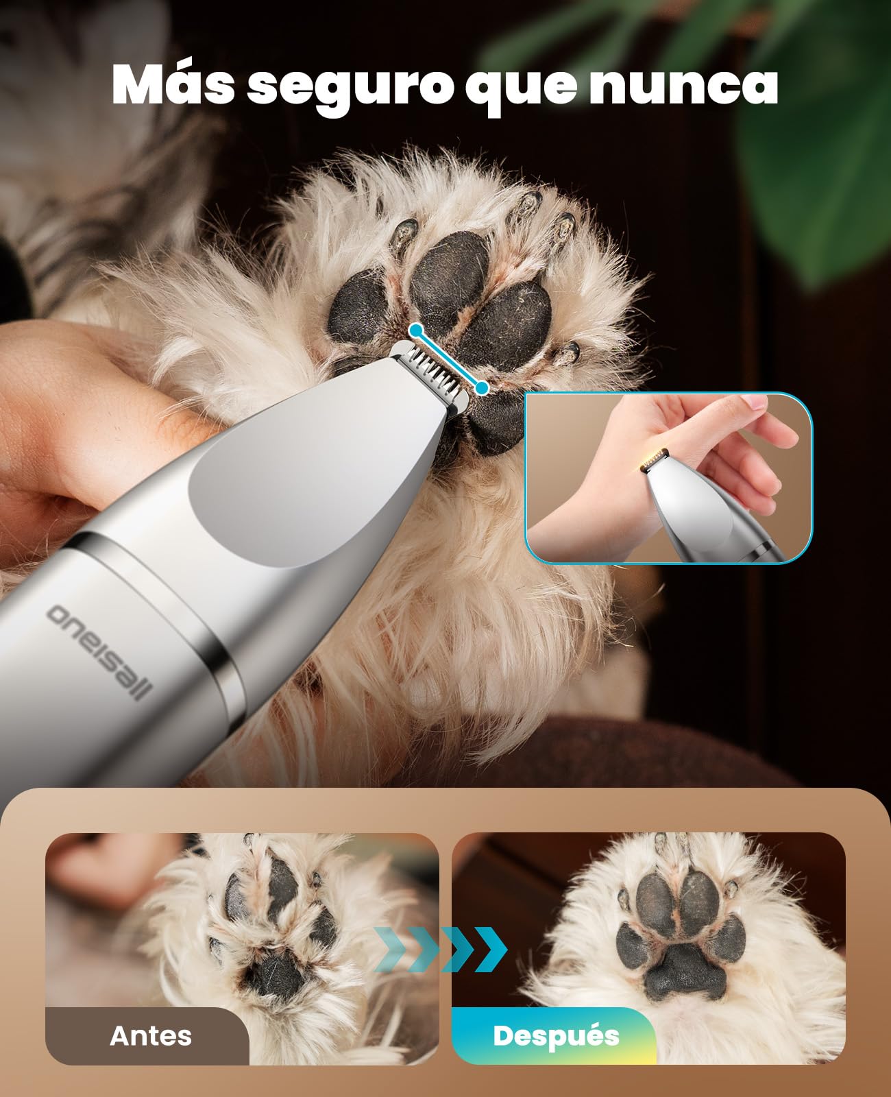 oneisall 4 en 1 Silencioso Maquina cortar pelo perros y Gatos, Impermeable IPX7 Cortapelos Perros, Profesional Maquina de Cortar pelo Perro&Cortapatas&Pulidora para Cuerpo, Patas, Ojos, Orejas y Cara