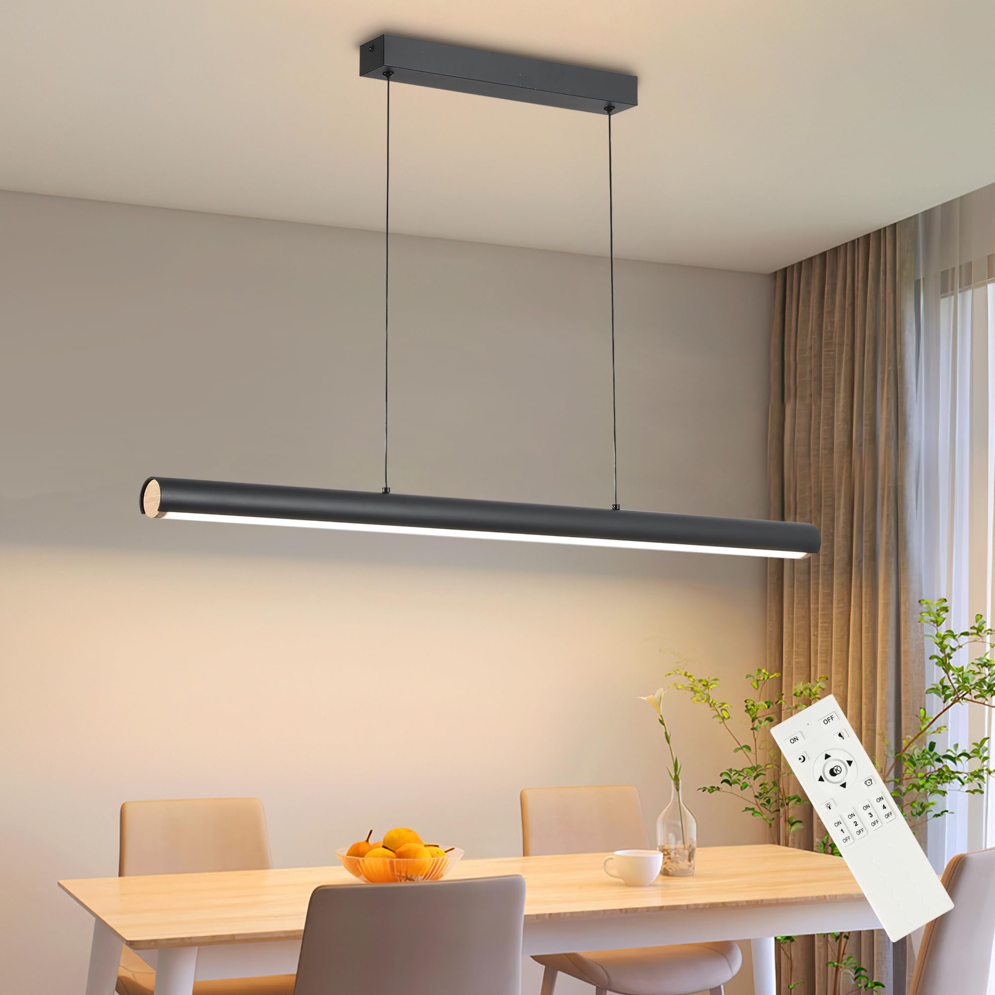 FANLG LED Lampara de techo colgante,80CM Lampara Colgante Cocina Negro Regulable con Control Remoto,30W Lampara Comedor lineal Iluminación Colgante regulable altura para Comedor Cocina Oficina