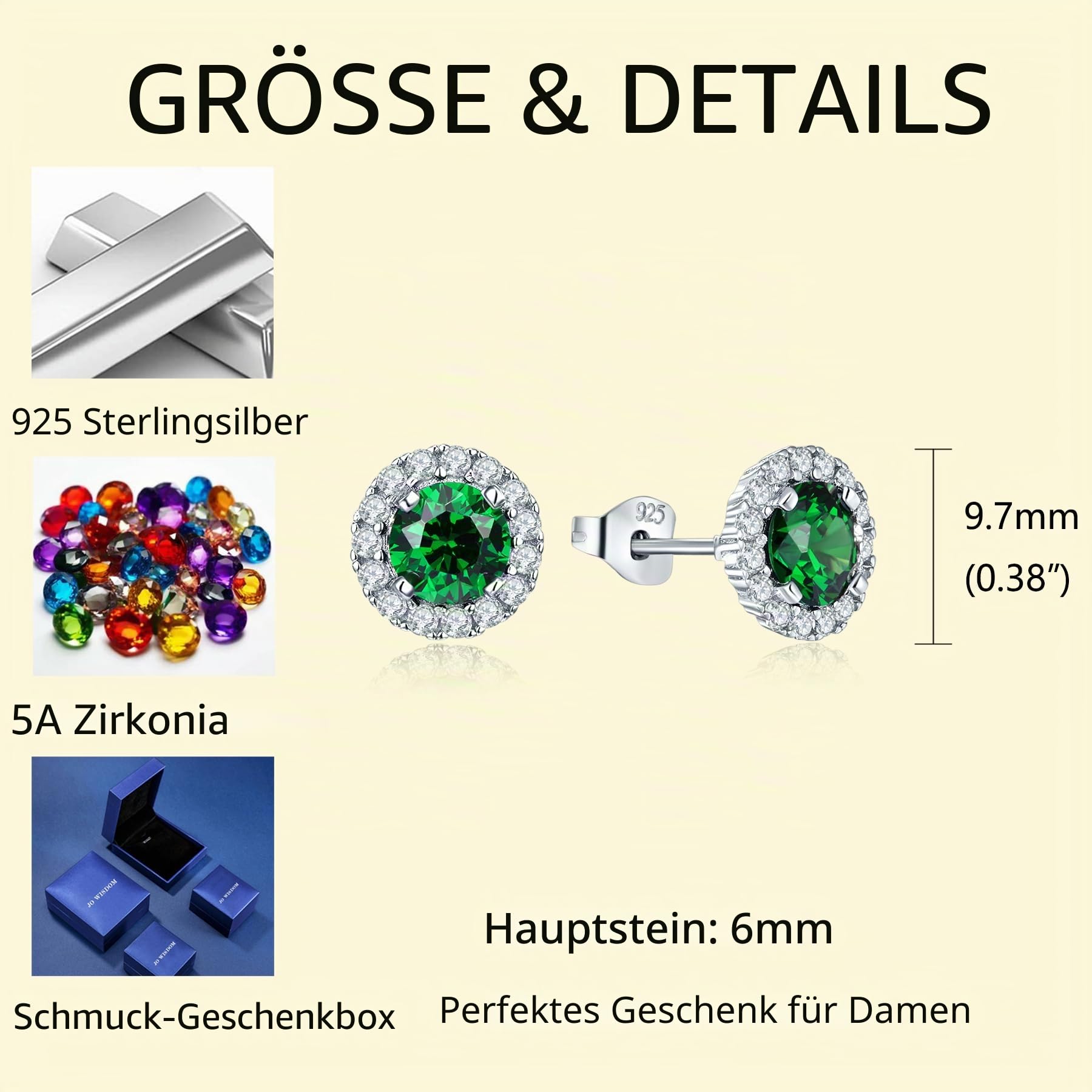 JO WISDOM Ohrstecker Silber 925 Damen Runde Ohrringe Stecker mit 3A Zirkonia Kristall,Schmuck für Frauen