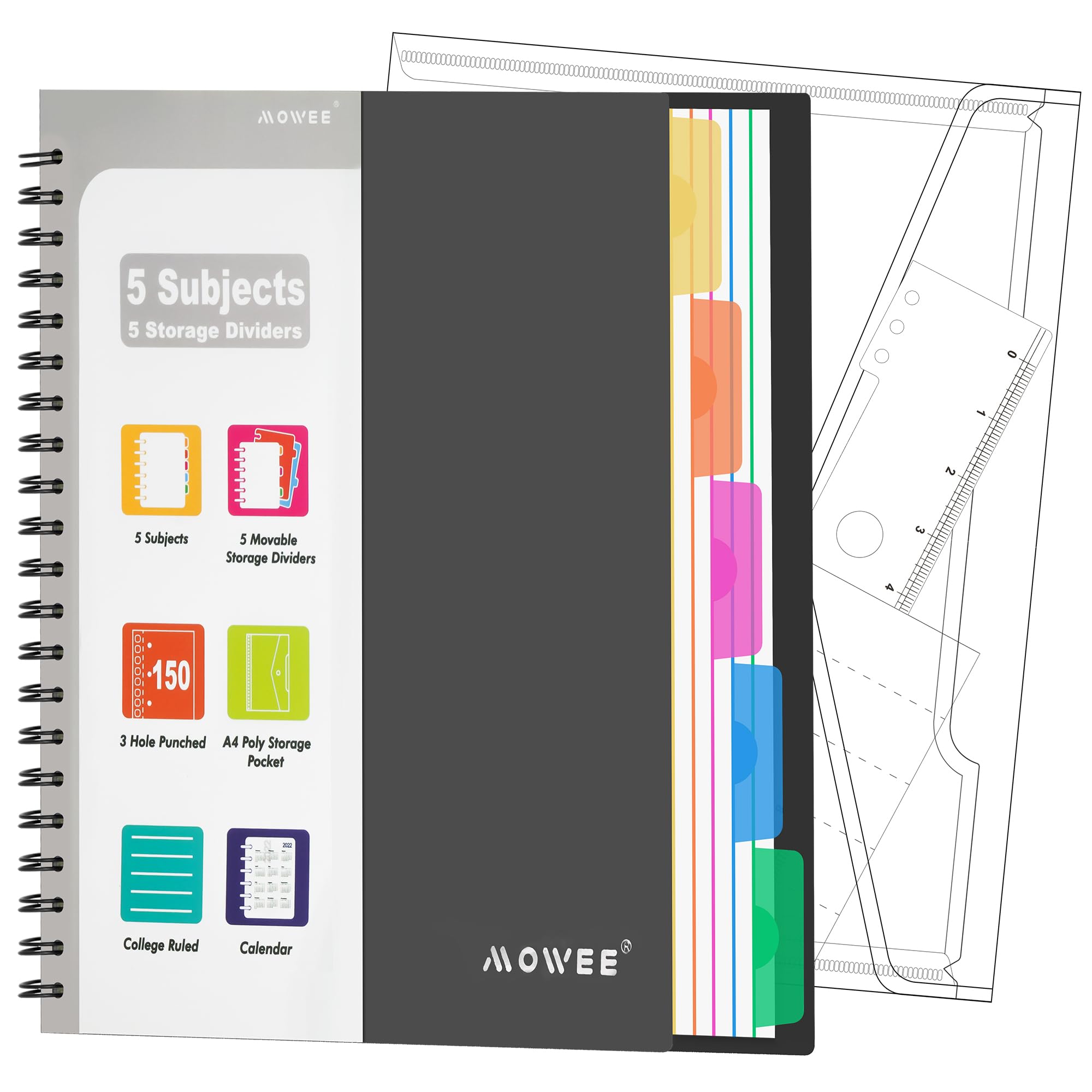 MOWEE Spiral Notebook - 5 Subject Notebook, College Ruled Notebook With Dividers Pocket, Tabs Label, 11"Ruler, 300 Pages, for Writing Journal, Home &