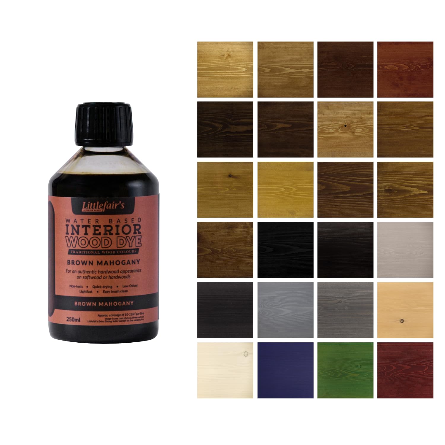 Littlefair's Wood Stain Water-Based - (Brown Mahogany) – Non-Toxic, Eco-Friendly & Quick Drying - Easy-to-Apply, Concentrated Formula for All Wood Types – 250ml