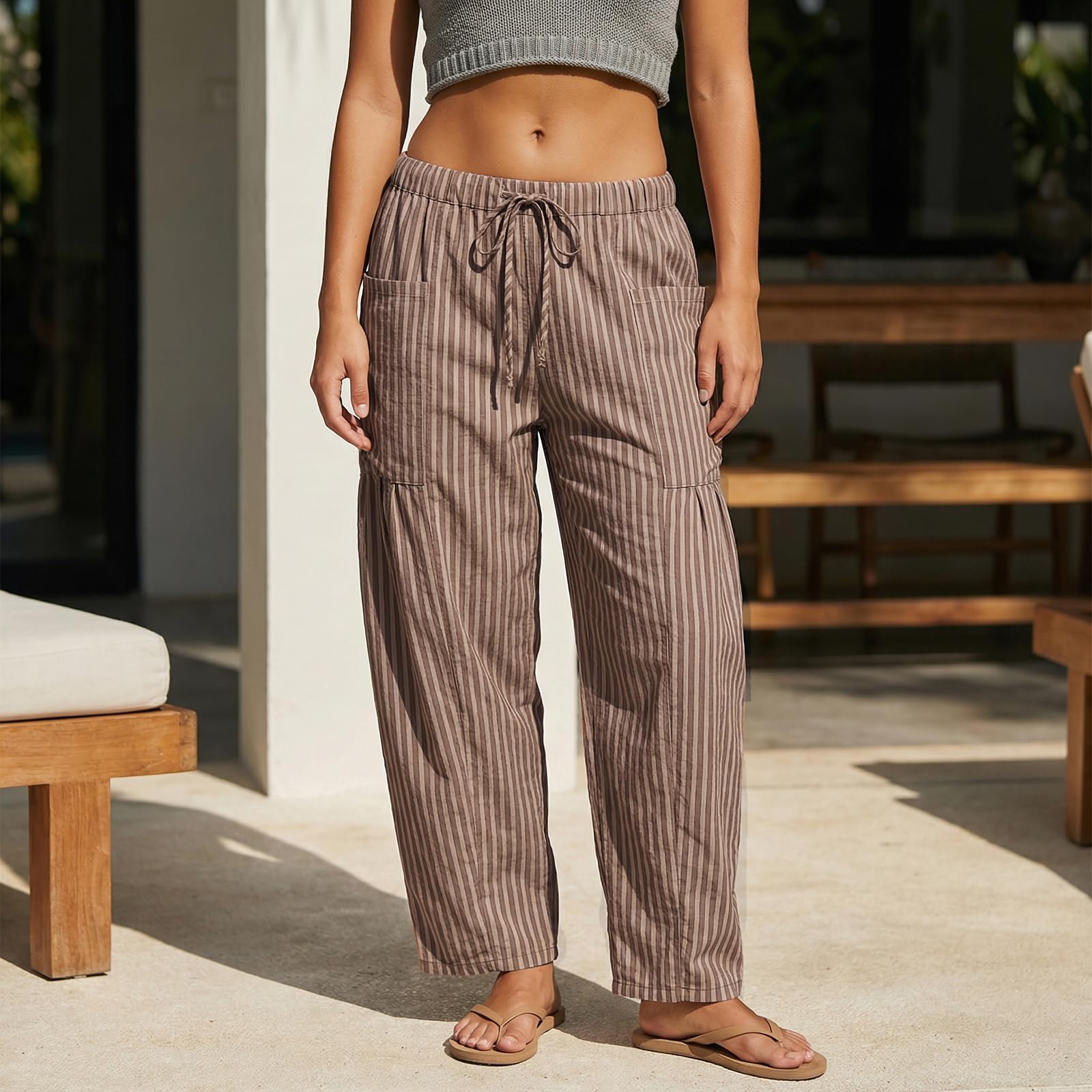 Sexy Outfit Pantalon Sarouel rayé en Coton et Lin pour Femmes, Ample, Jambes Larges, Cordon de Serrage, Pantalon de Plage avec Poches, vêtements de détente d'été