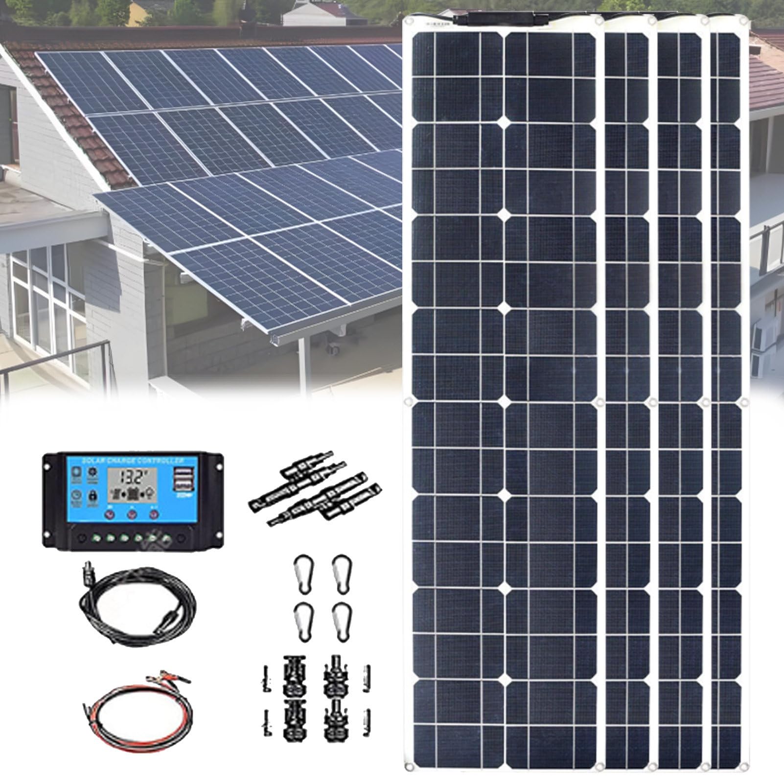 Pannello Solare, Kit Pannello Solare monocristallino Flessibile, 400 W 24 V / 12 V, con regolatore 40 A, per Camper, Barche, Camper, roulotte e superfici Non Piane. 4×200w