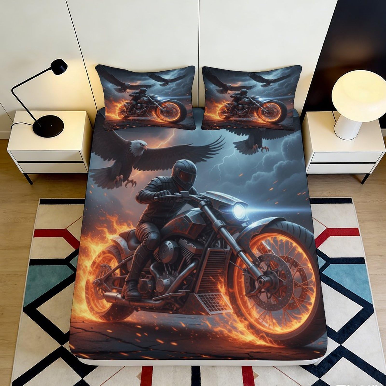 3D Printed Flaming Motorcycle Fitted Sheet Microfiber Artistic Fire Wheel Bed Cover for Bedroom Dorm Decor 90x200x25cm