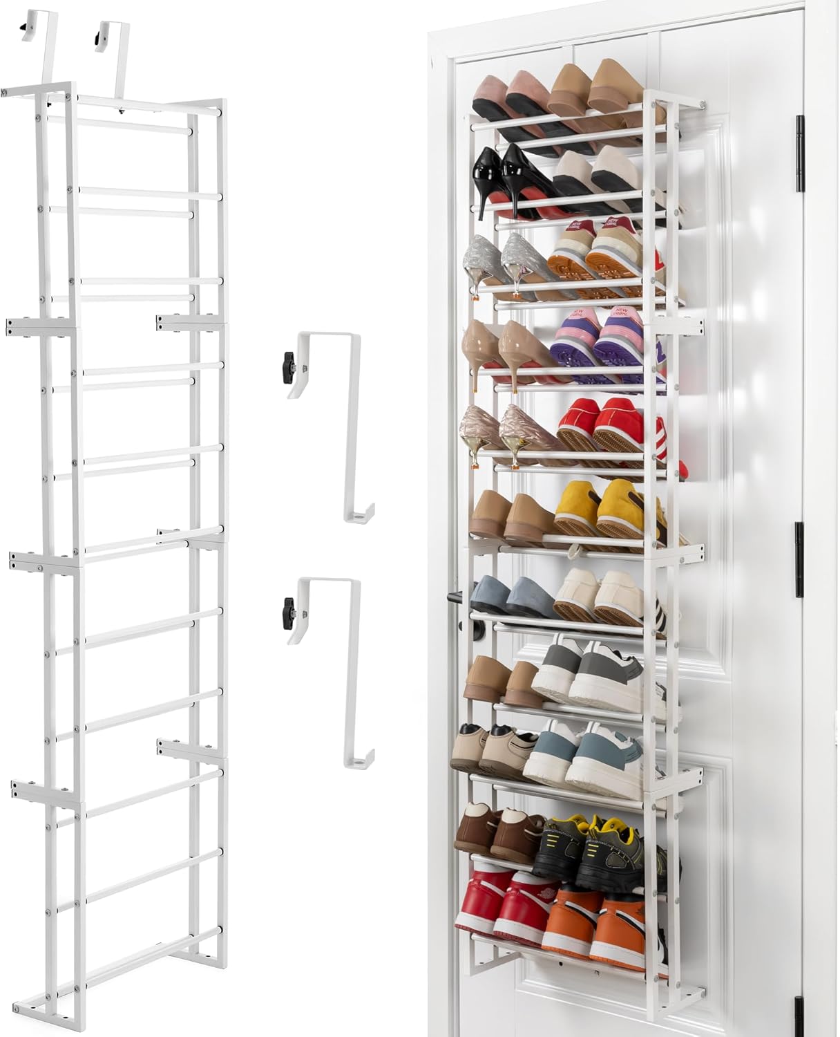 HUXOR 11 Tier Over The Door Shoe Organizer, Heavy-Duty Metal Shoe Rack for Door, Fit 22 Pairs Hanging Shoe Organizer for Sneakers, High Heel (White)