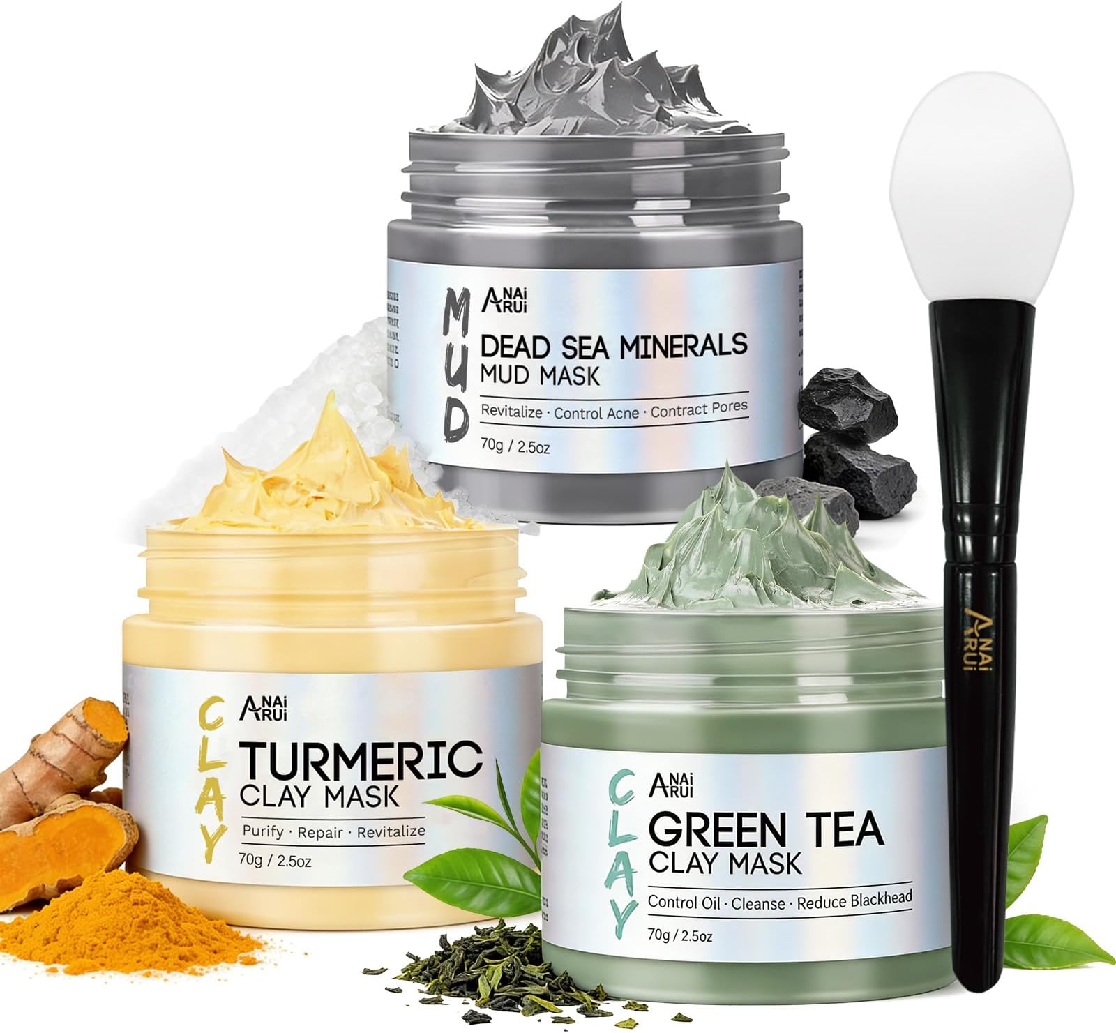 ANAI RUI 3PCS Clay Mask Set - Dead Sea Mud, Turmeric & Green Tea Face Mask for Acne, Blackheads & Dark Spots - Brightening Spa Gift Set for Women & Men - Pore Cleansing & Oil Control (3x70g)