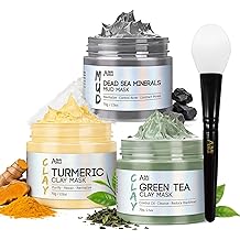 ANAI RUI 3 Pcs Face Mask Set - Turmeric Clay Mask - Green Tea Face Mask - Dead Sea Mud Mask for Oily Skin, Blackheads &amp; Pores -Spa Gift Set Self Care for Women Teens 2.5 oz Each