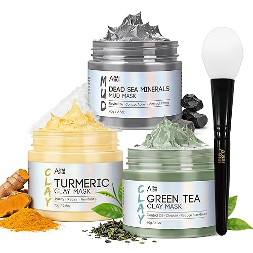 ANAI RUI 3 Pcs Face Mask Set - Turmeric Clay Mask - Green Tea Face Mask - Dead Sea Mud Mask for Oily Skin, Blackheads & Pores -Spa Gift Set Self Care for Women Teens 2.5 oz Each